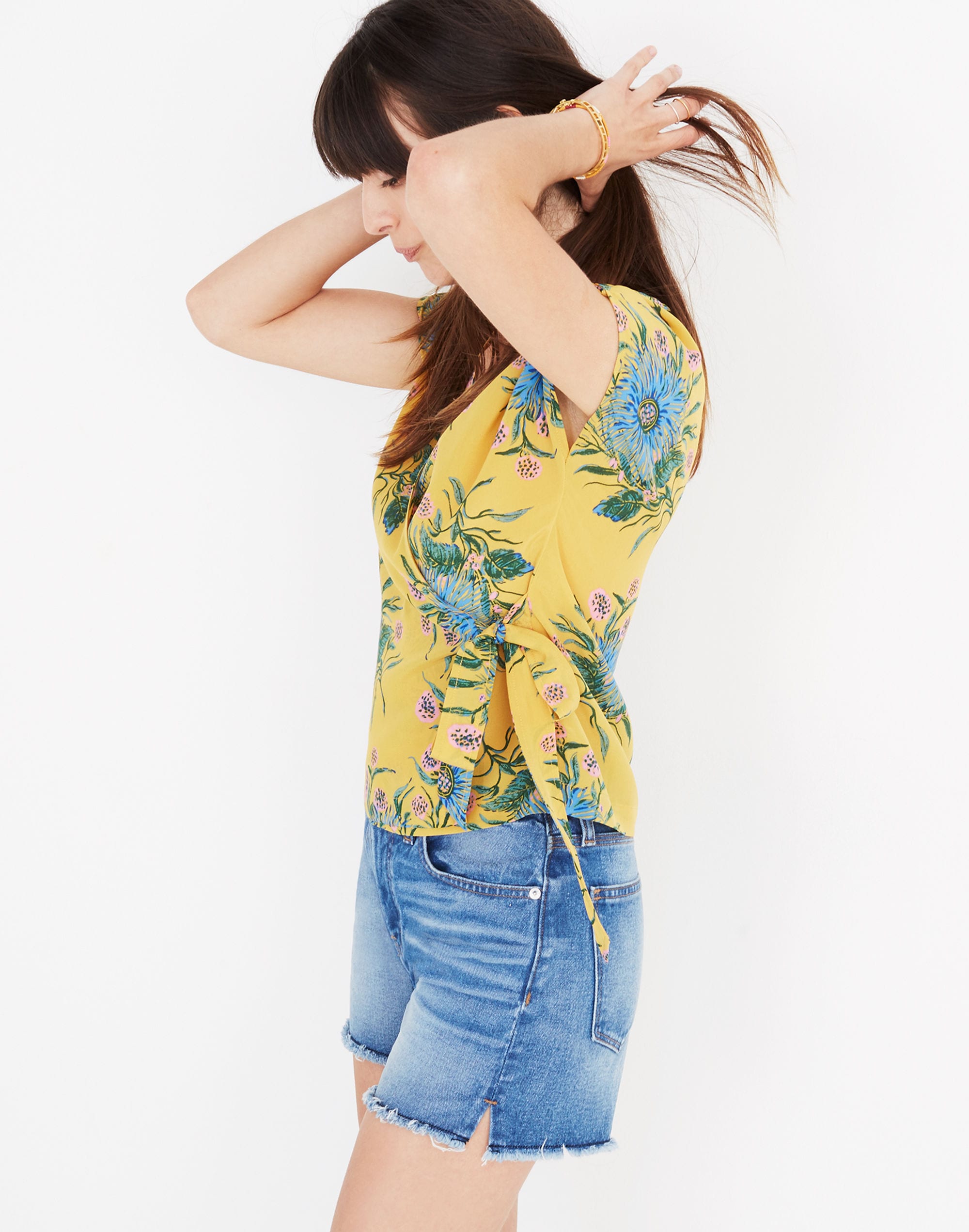Silk Side-Tie Wrap Top in Painted Blooms