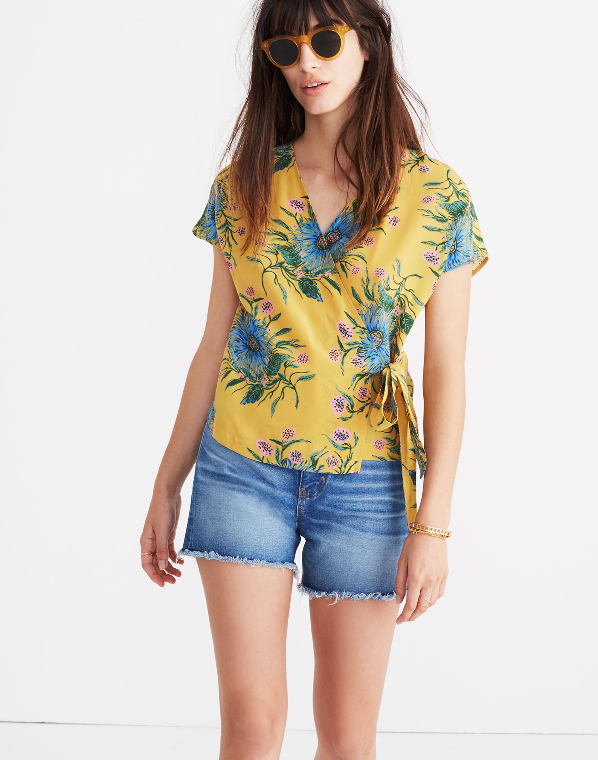 Silk Side-Tie Wrap Top in Painted Blooms