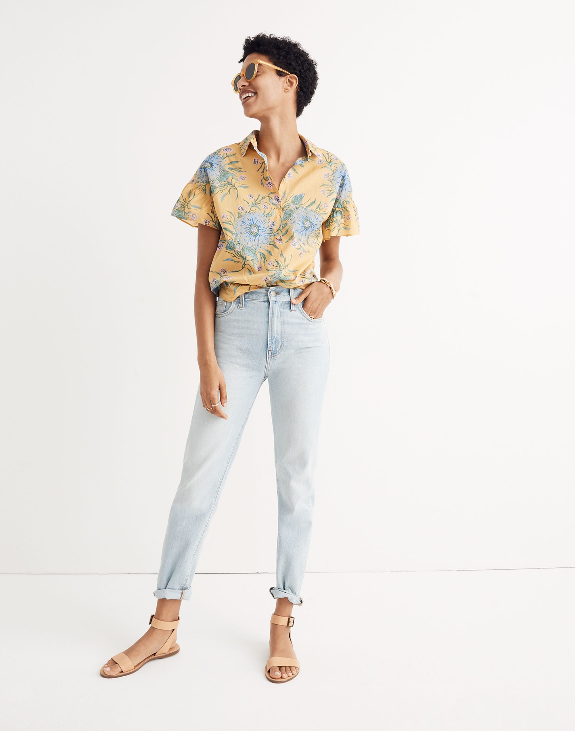 Ruffle-Sleeve Button-Down Shirt in Painted Blooms