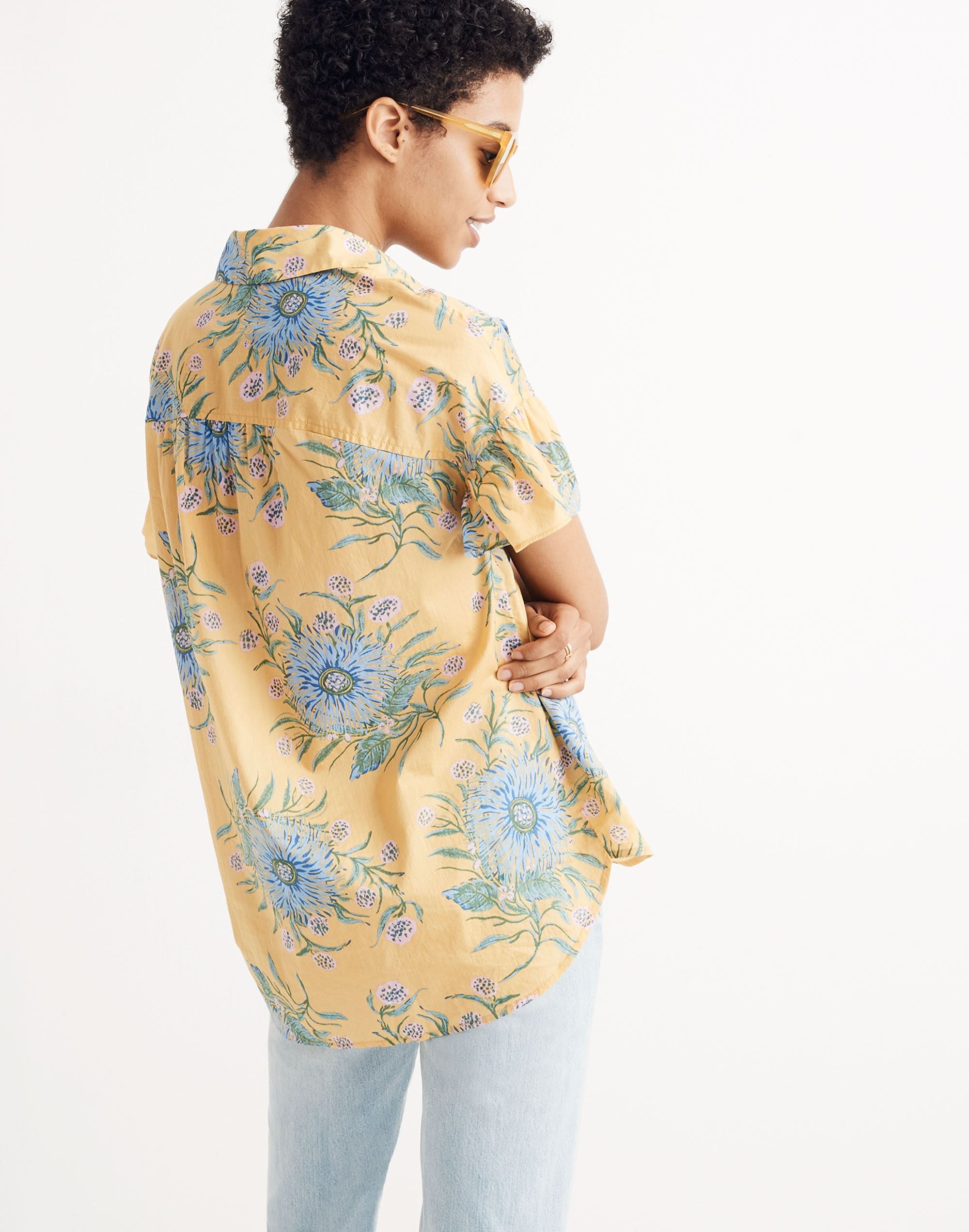 Ruffle-Sleeve Button-Down Shirt in Painted Blooms