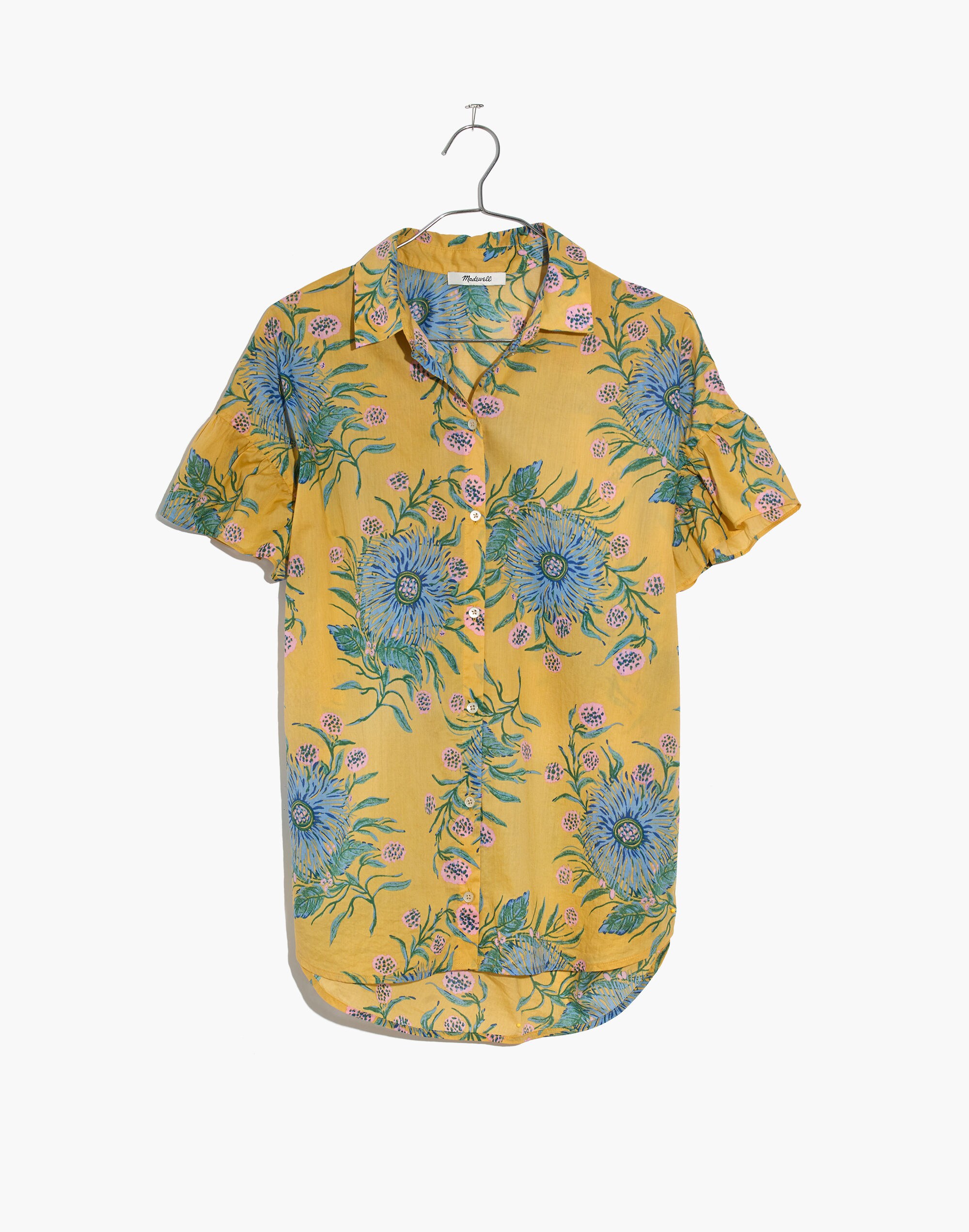 Ruffle-Sleeve Button-Down Shirt in Painted Blooms