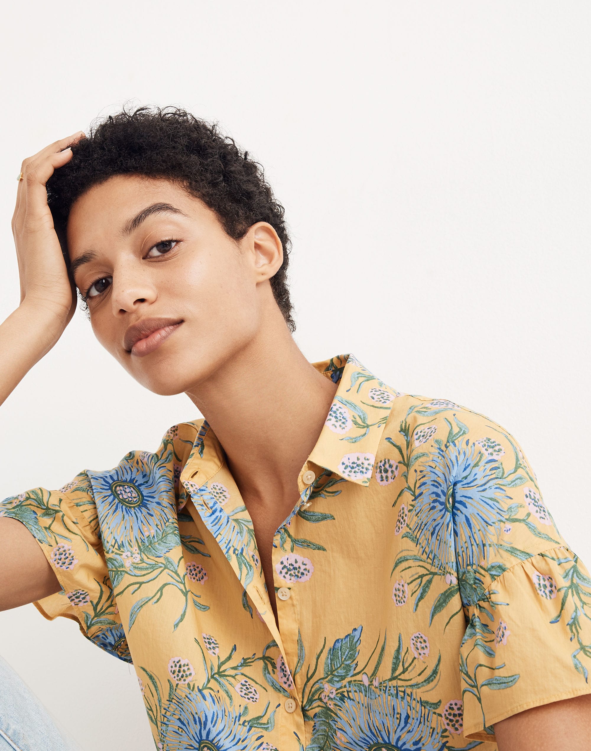 Ruffle-Sleeve Button-Down Shirt in Painted Blooms