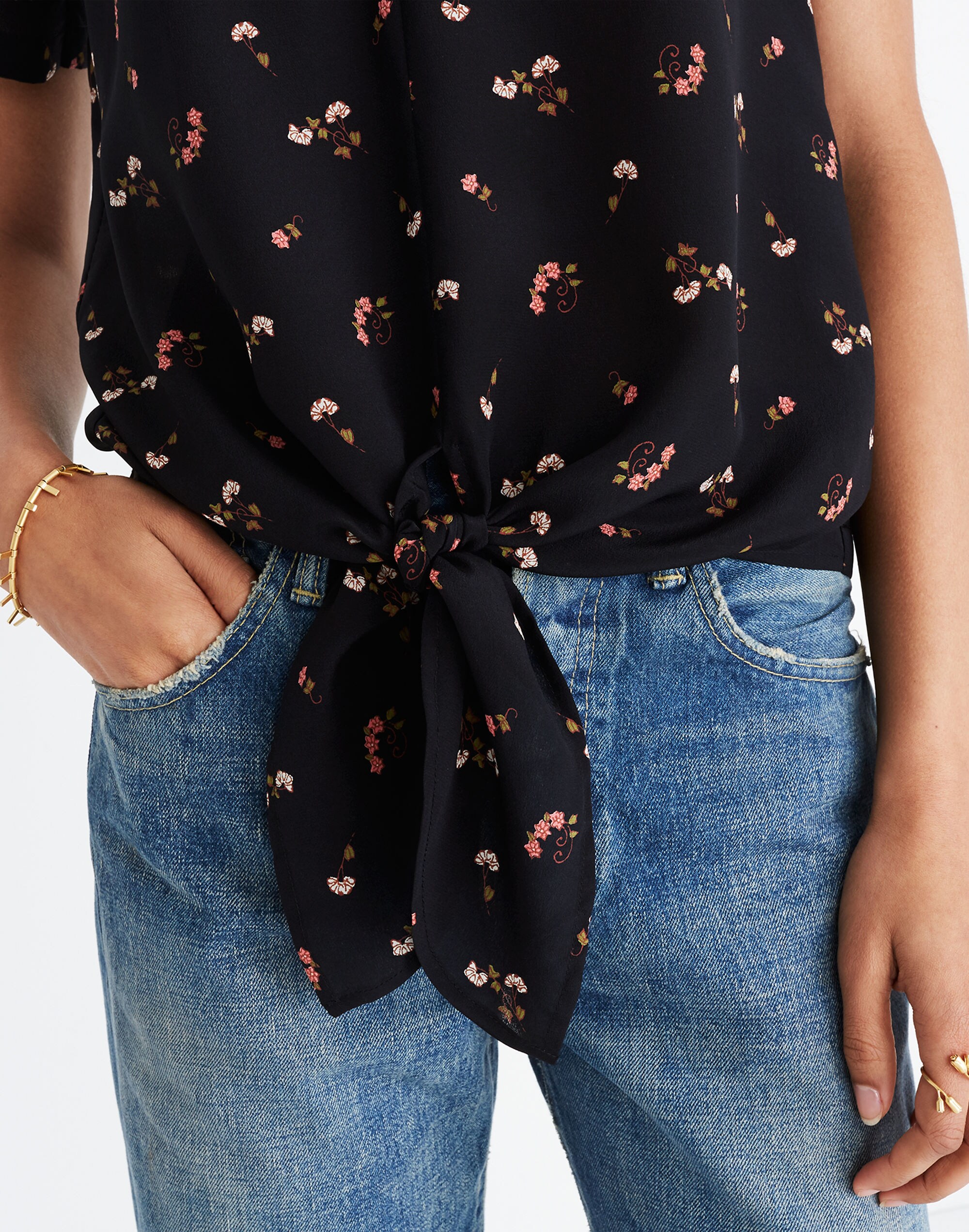 Silk Button-Back Tie Tee in Flower Toss