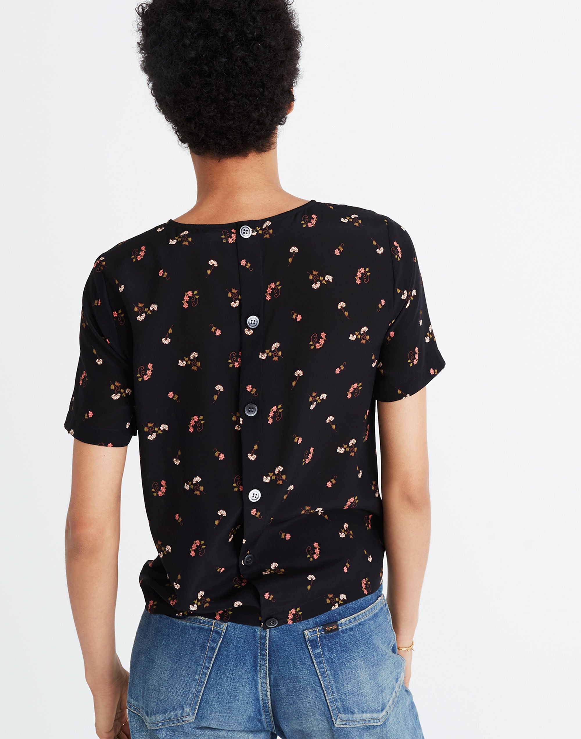 Silk Button-Back Tie Tee in Flower Toss