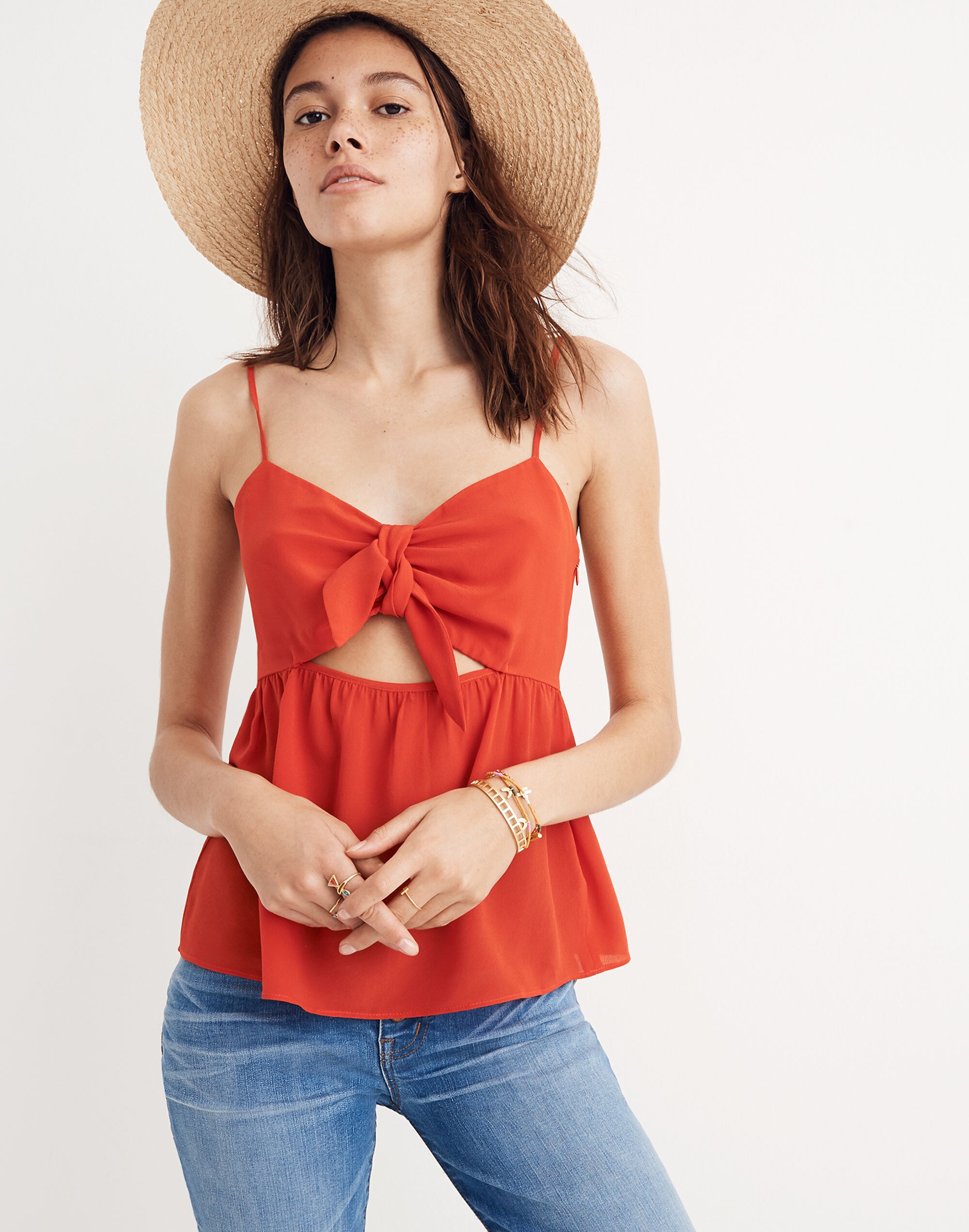 Silk Tie-Front Keyhole Cami Top