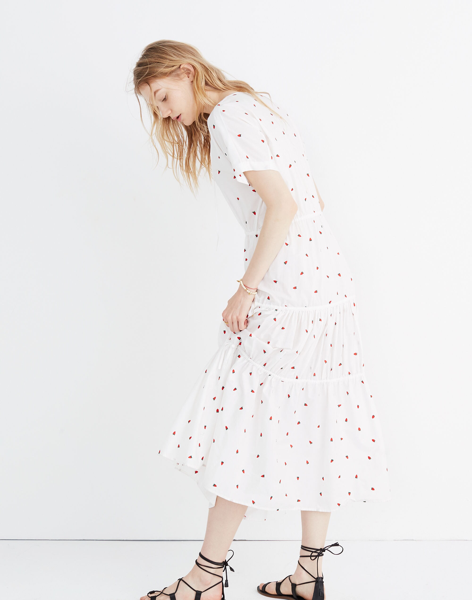 Embroidered Button-Front Tiered Midi Dress in Fresh Strawberries
