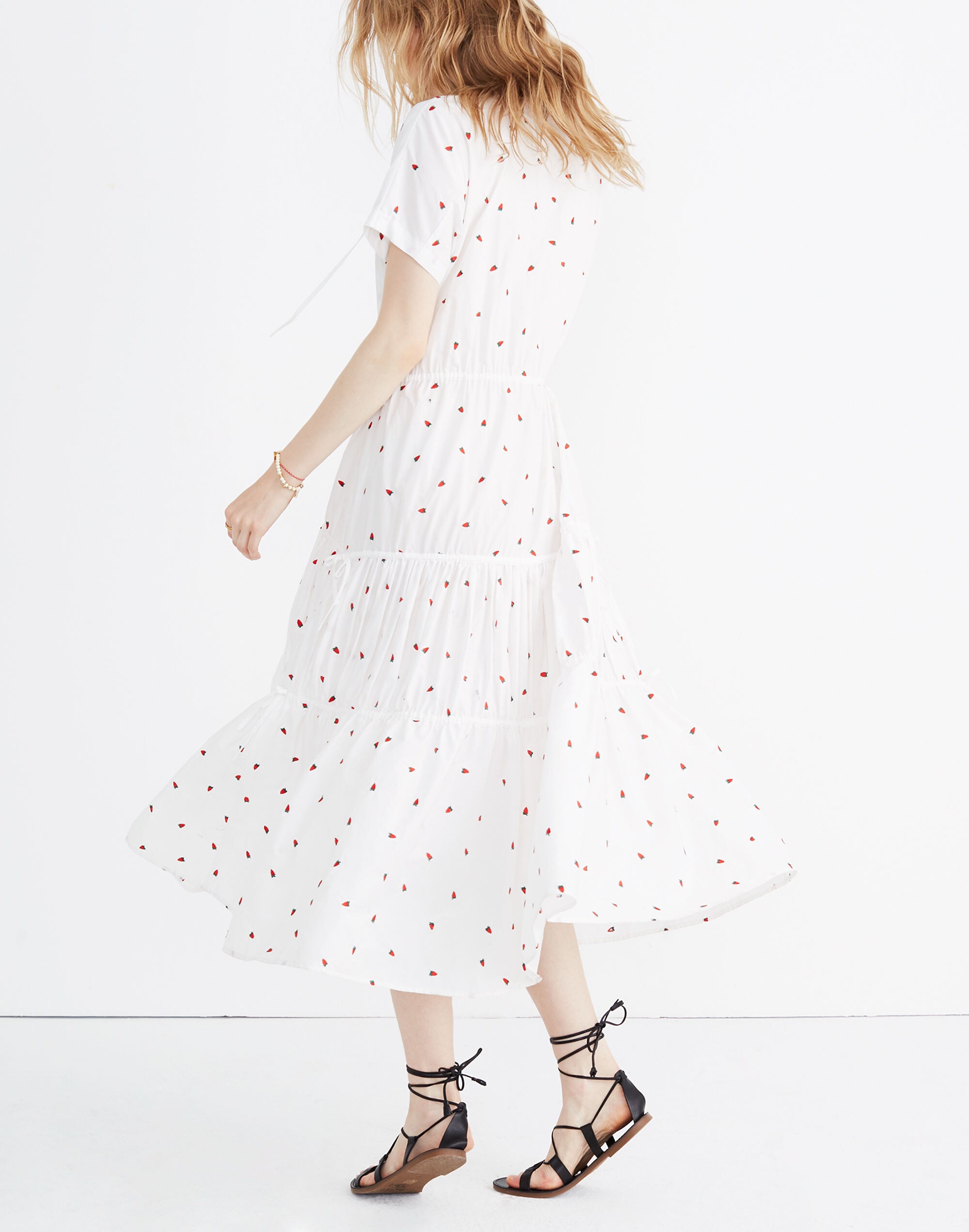Embroidered Button-Front Tiered Midi Dress in Fresh Strawberries