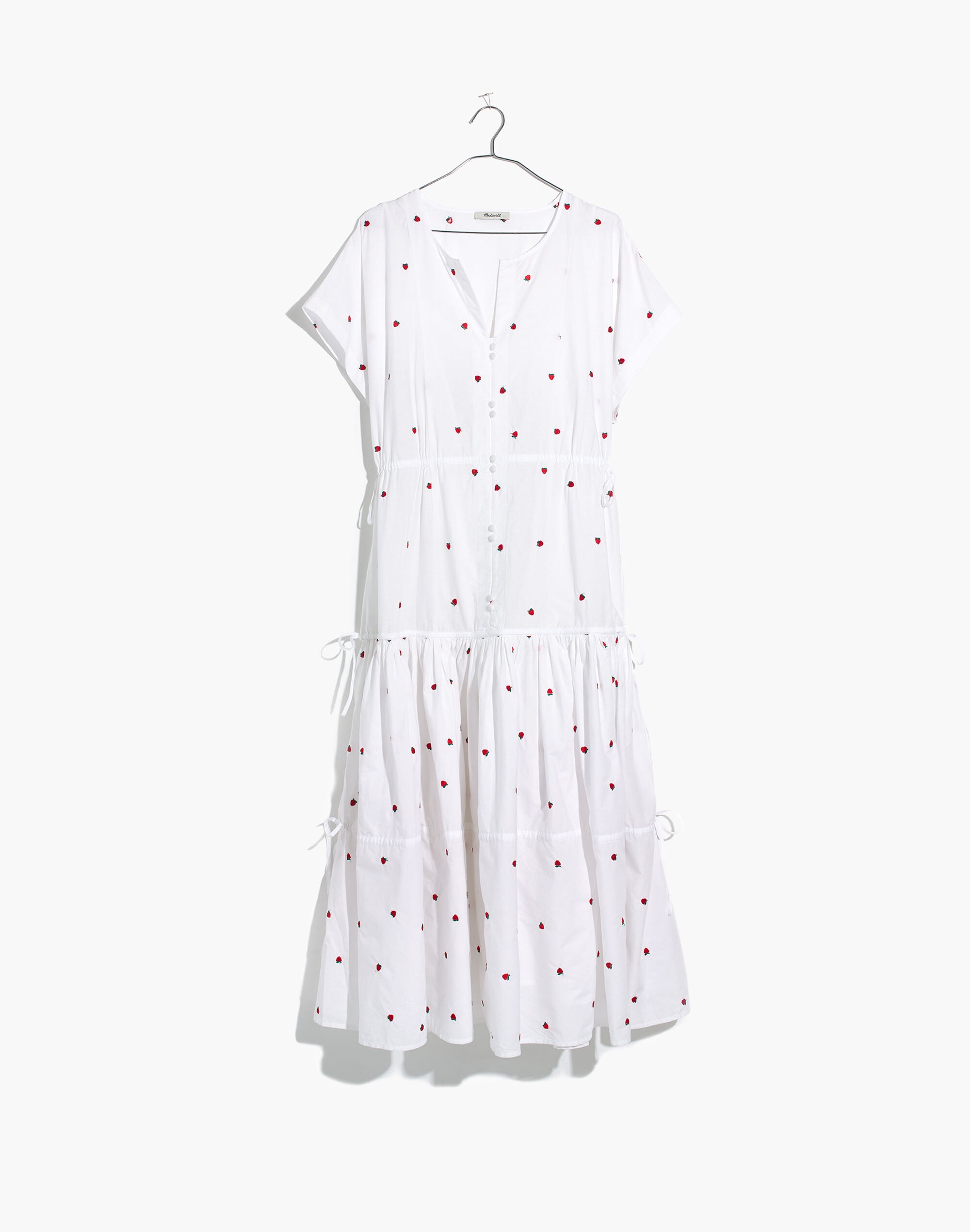 Embroidered Button-Front Tiered Midi Dress in Fresh Strawberries