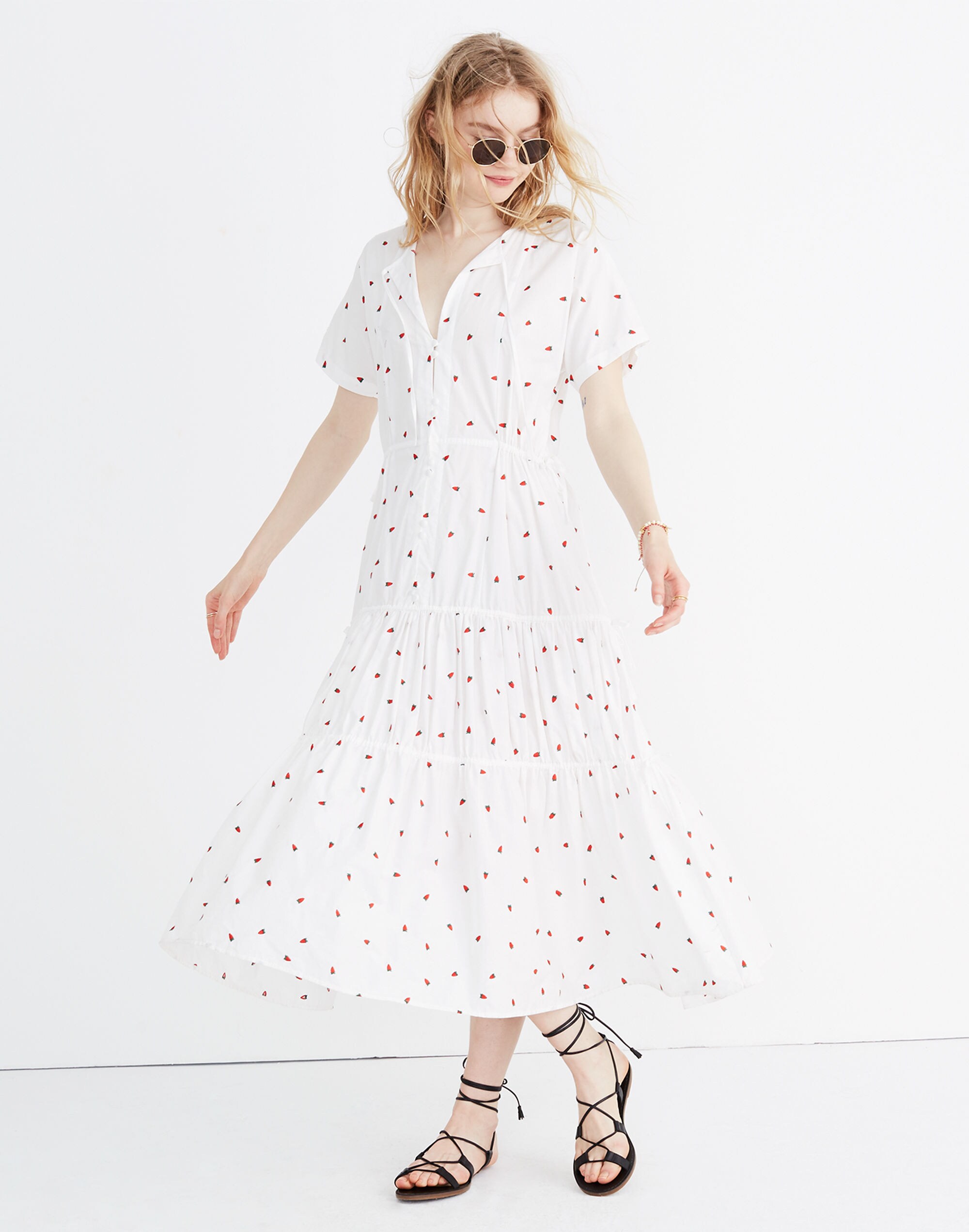 Embroidered Button-Front Tiered Midi Dress in Fresh Strawberries