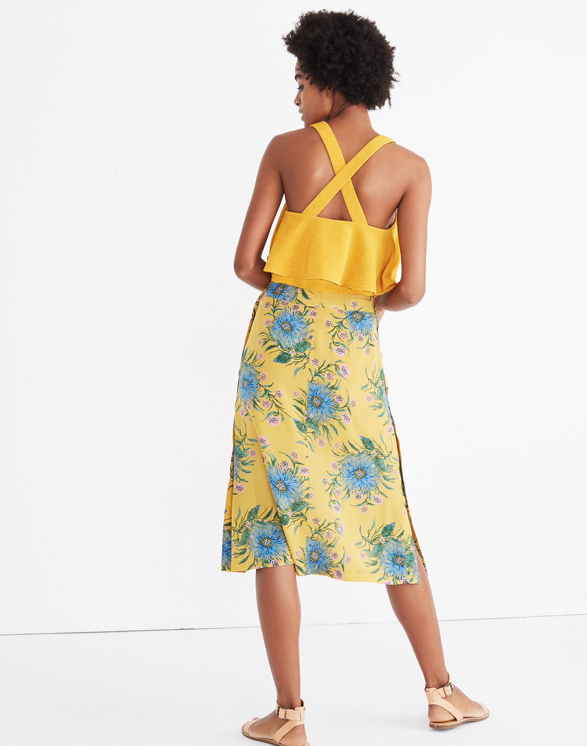 Silk Side-Button Skirt in Painted Blooms