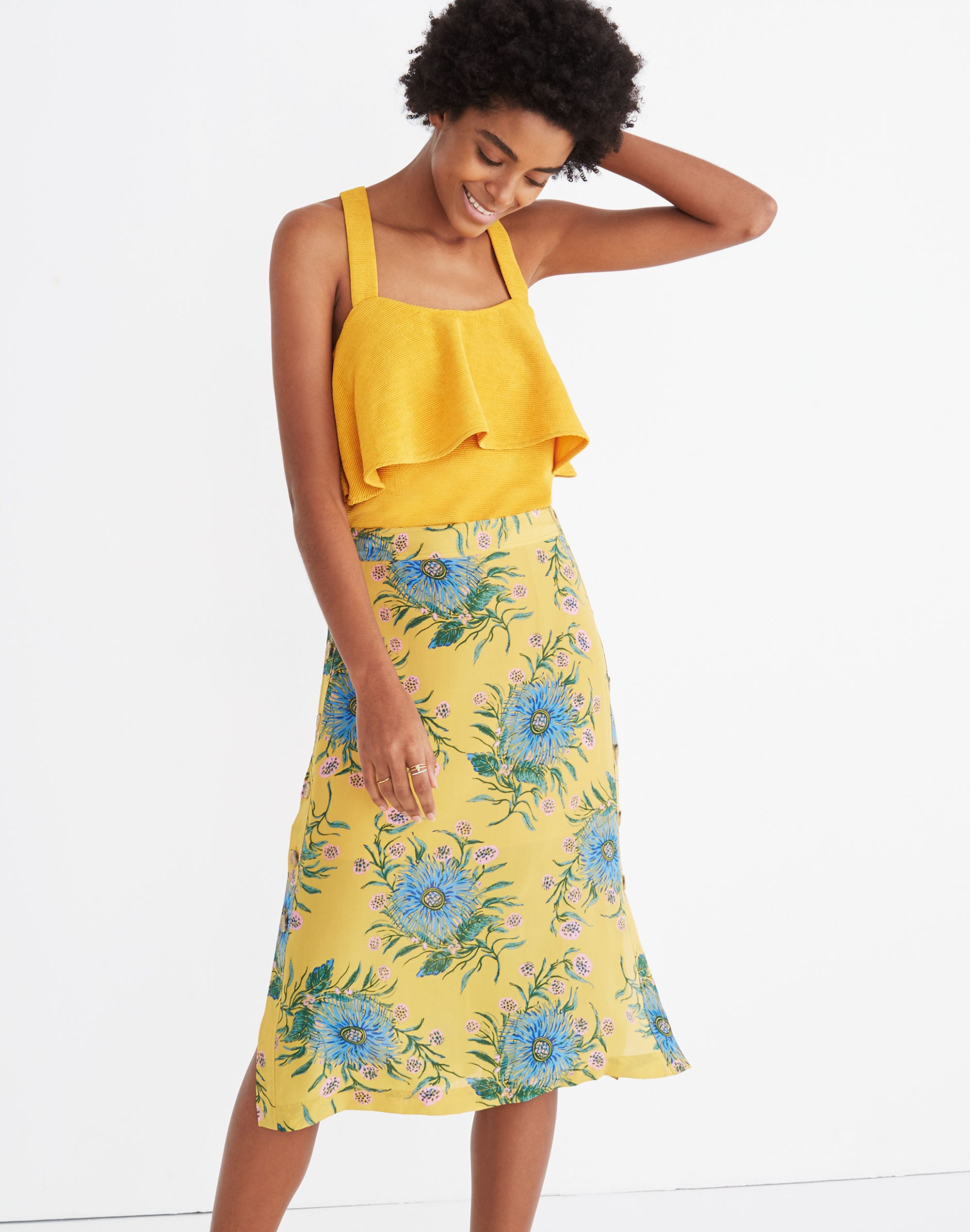 Silk Side-Button Skirt in Painted Blooms