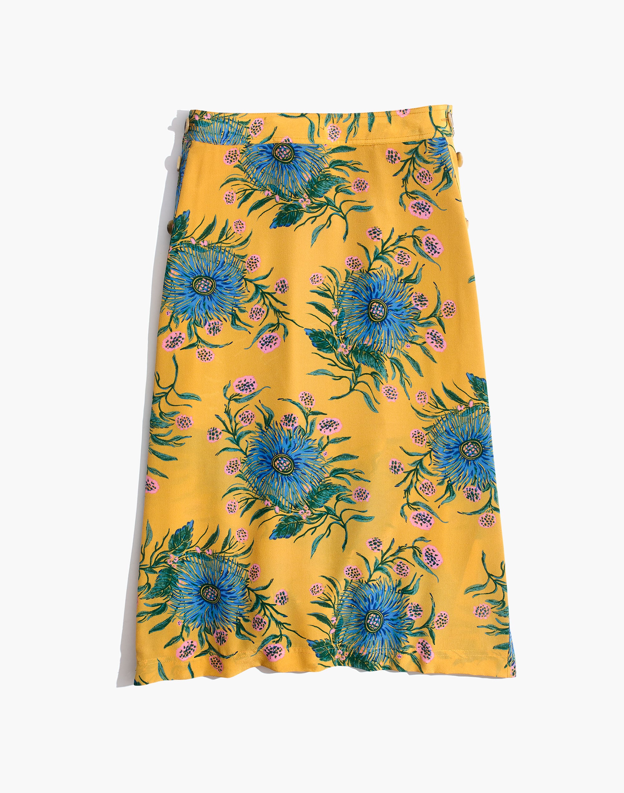 Silk Side-Button Skirt in Painted Blooms