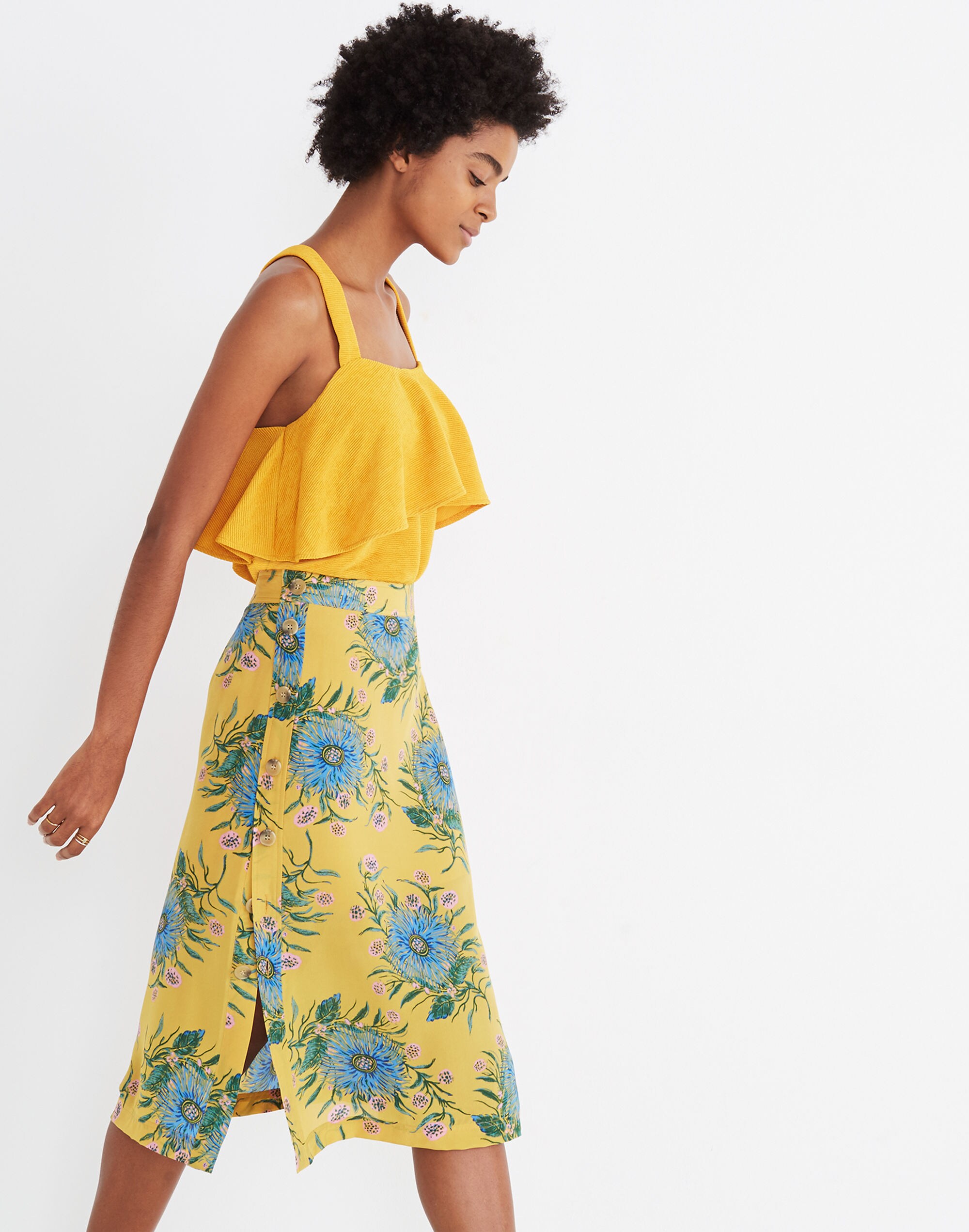Silk Side-Button Skirt in Painted Blooms
