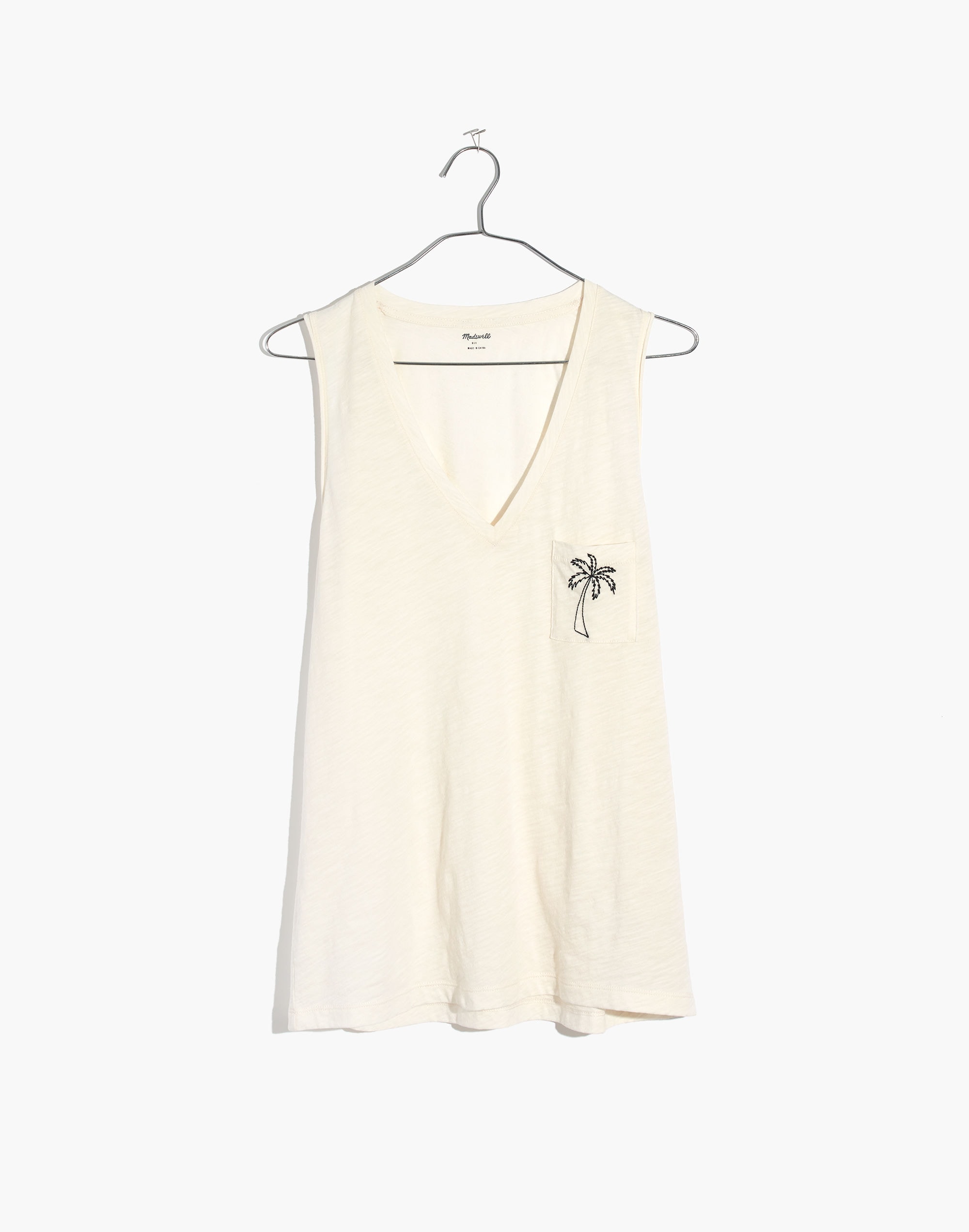 Embroidered Palm Whisper Cotton V-Neck Pocket Tank