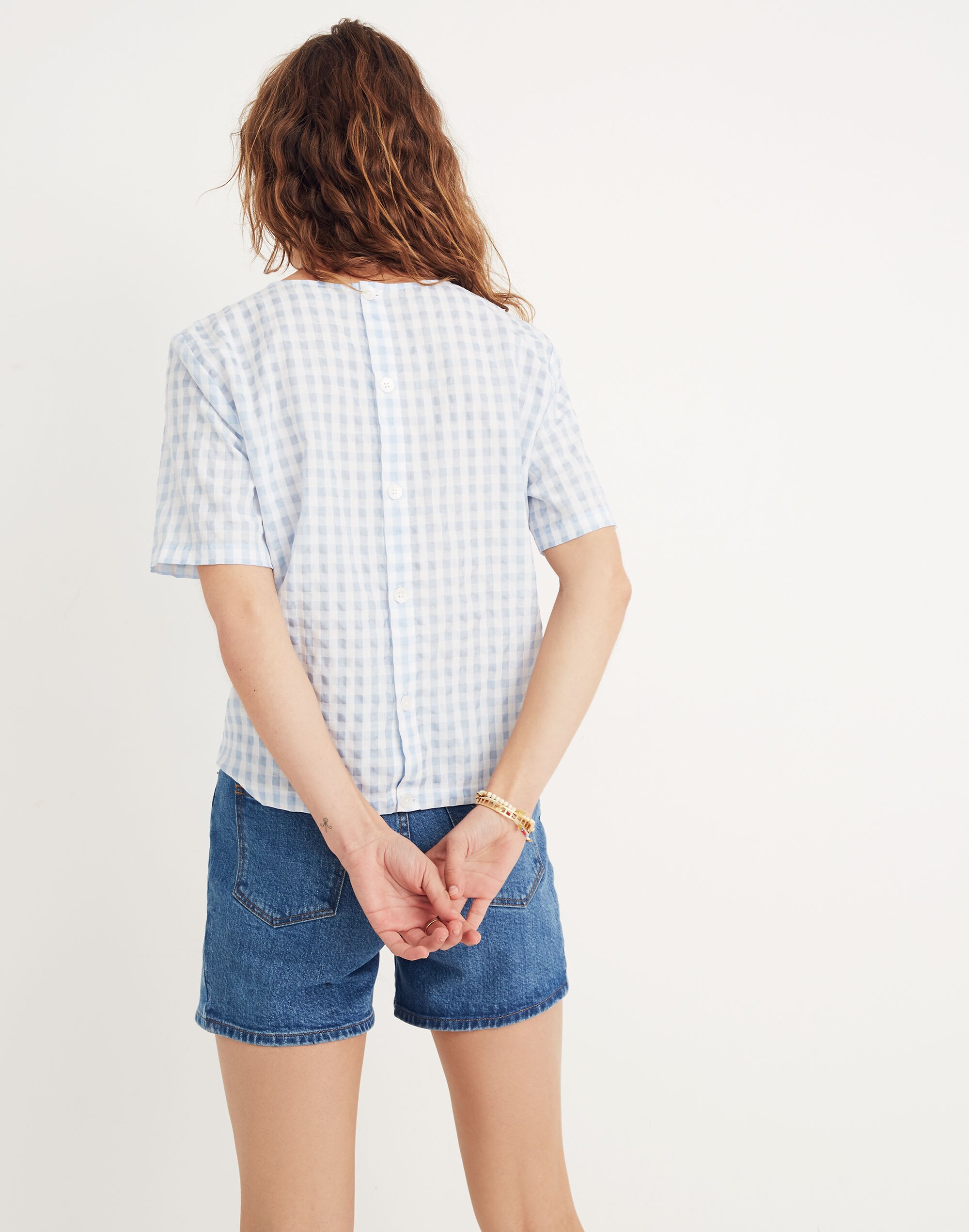 Button-Back Tie Tee in Gingham Check