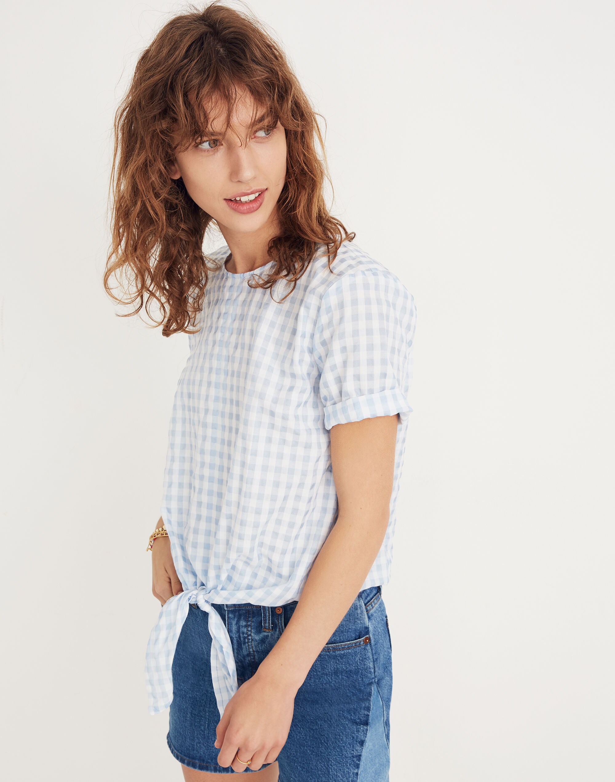 Button-Back Tie Tee in Gingham Check