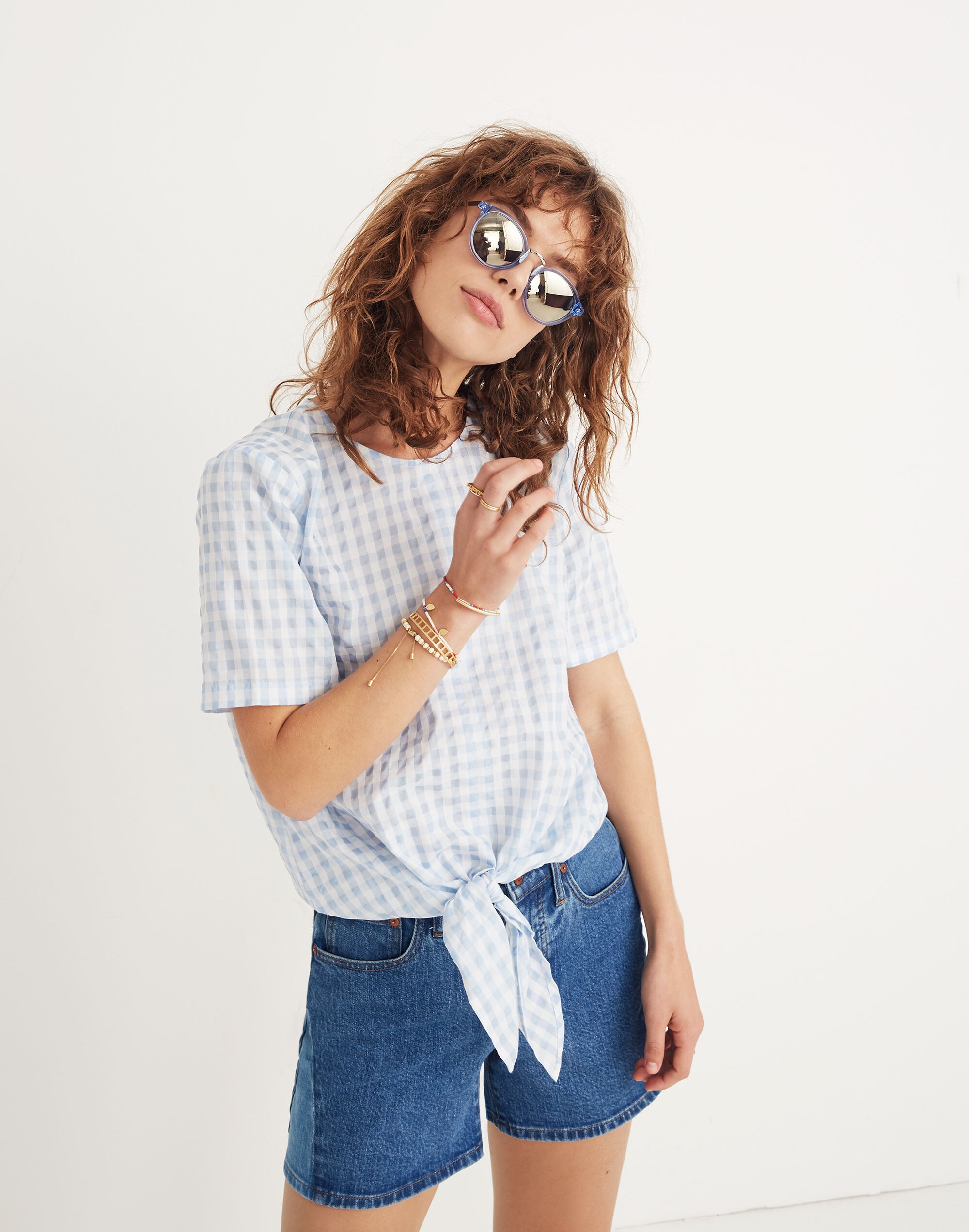 Button-Back Tie Tee in Gingham Check