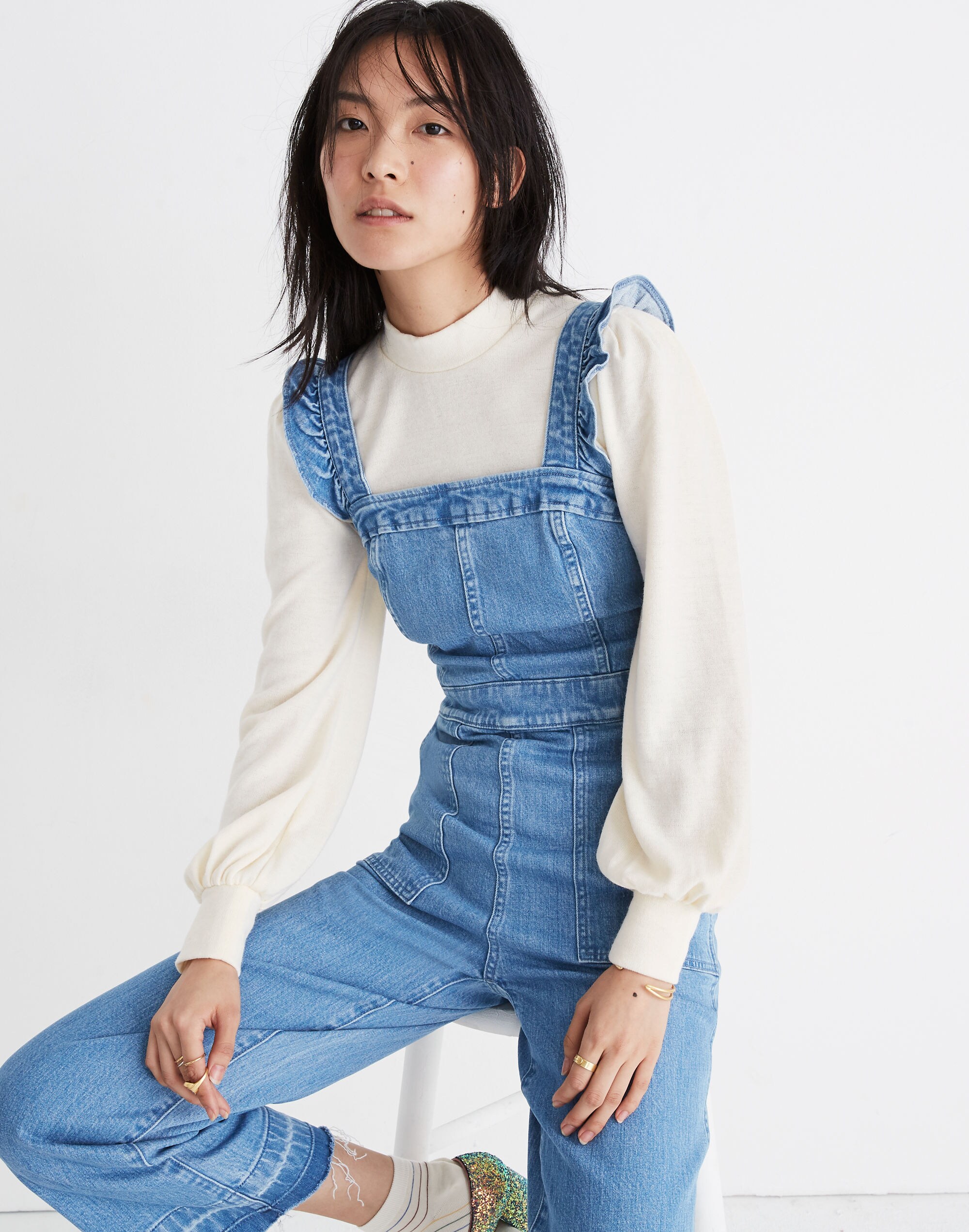 Denim Ruffle-Strap Jumpsuit