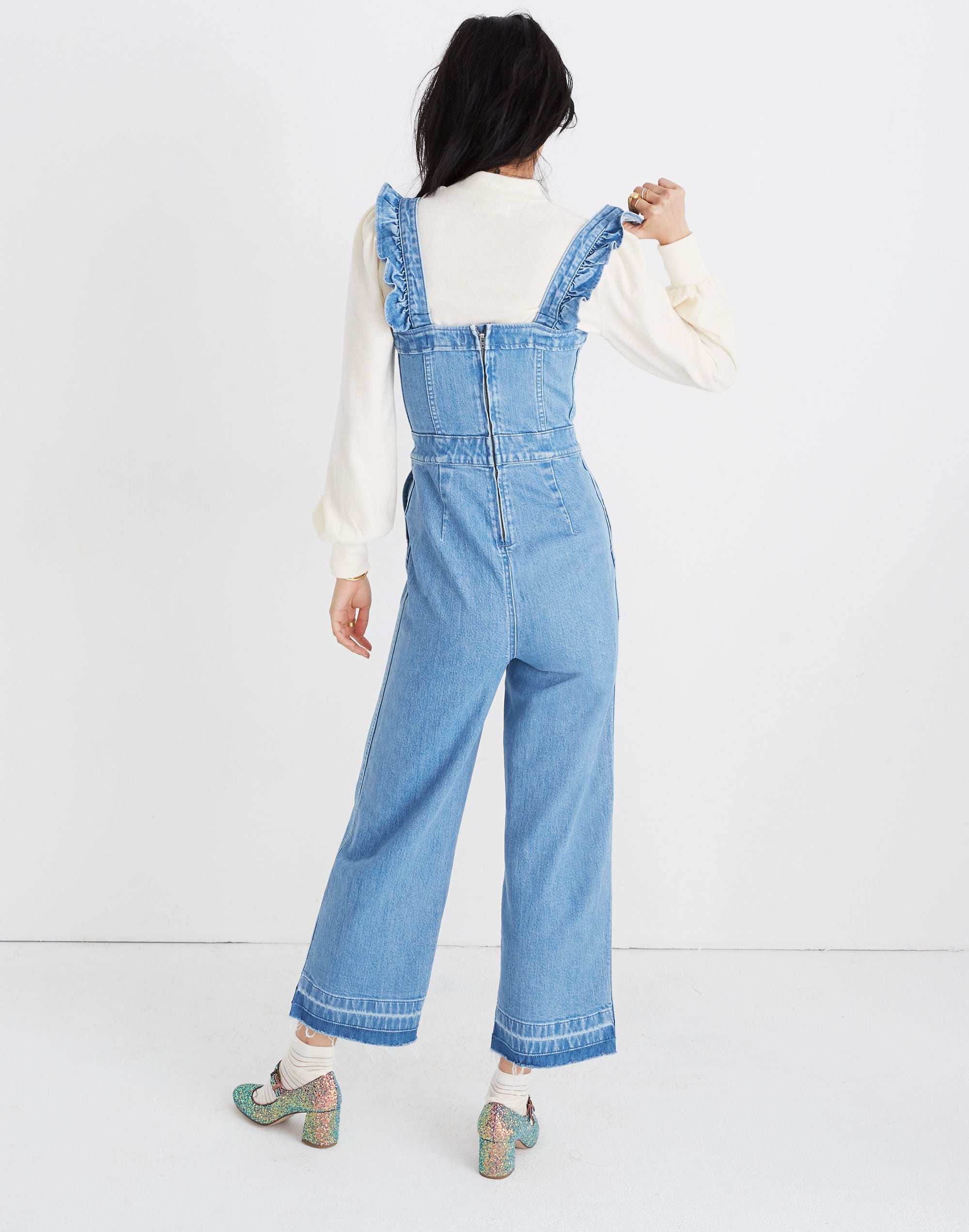 Denim Ruffle-Strap Jumpsuit