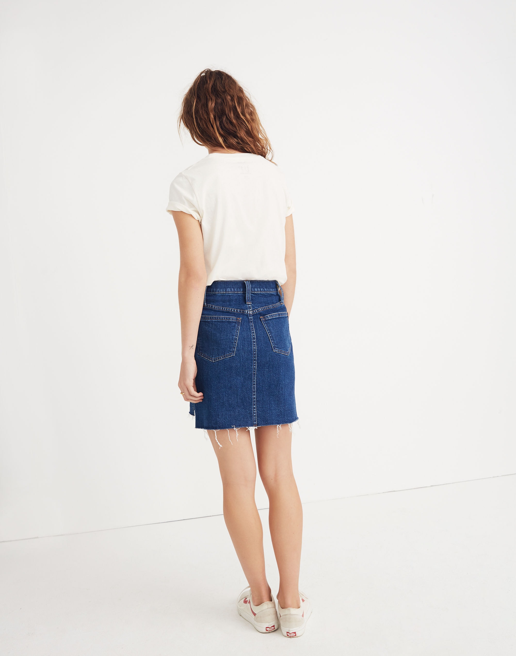 Stretch Denim Straight Mini Skirt: Step-Hem Edition