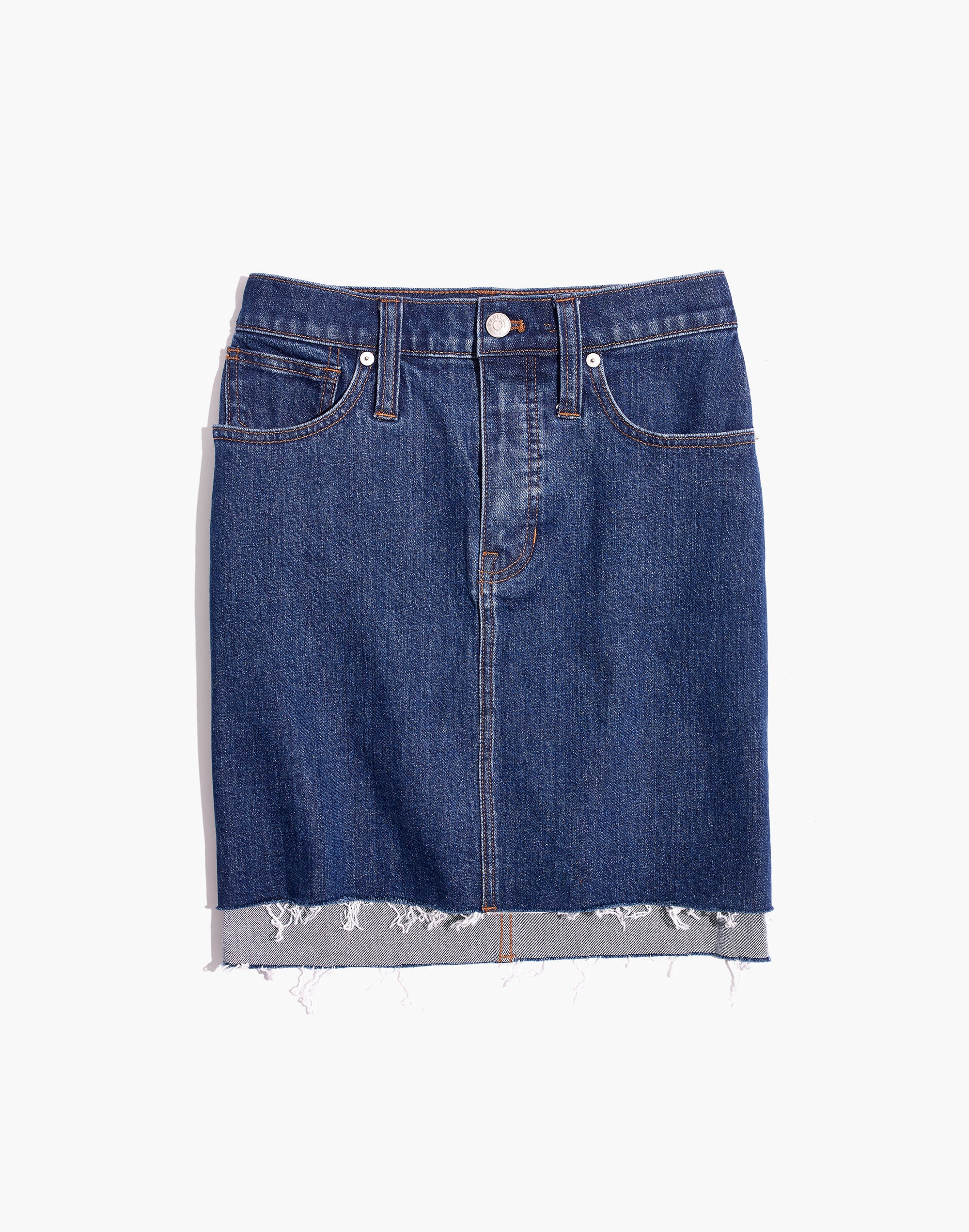Stretch Denim Straight Mini Skirt: Step-Hem Edition