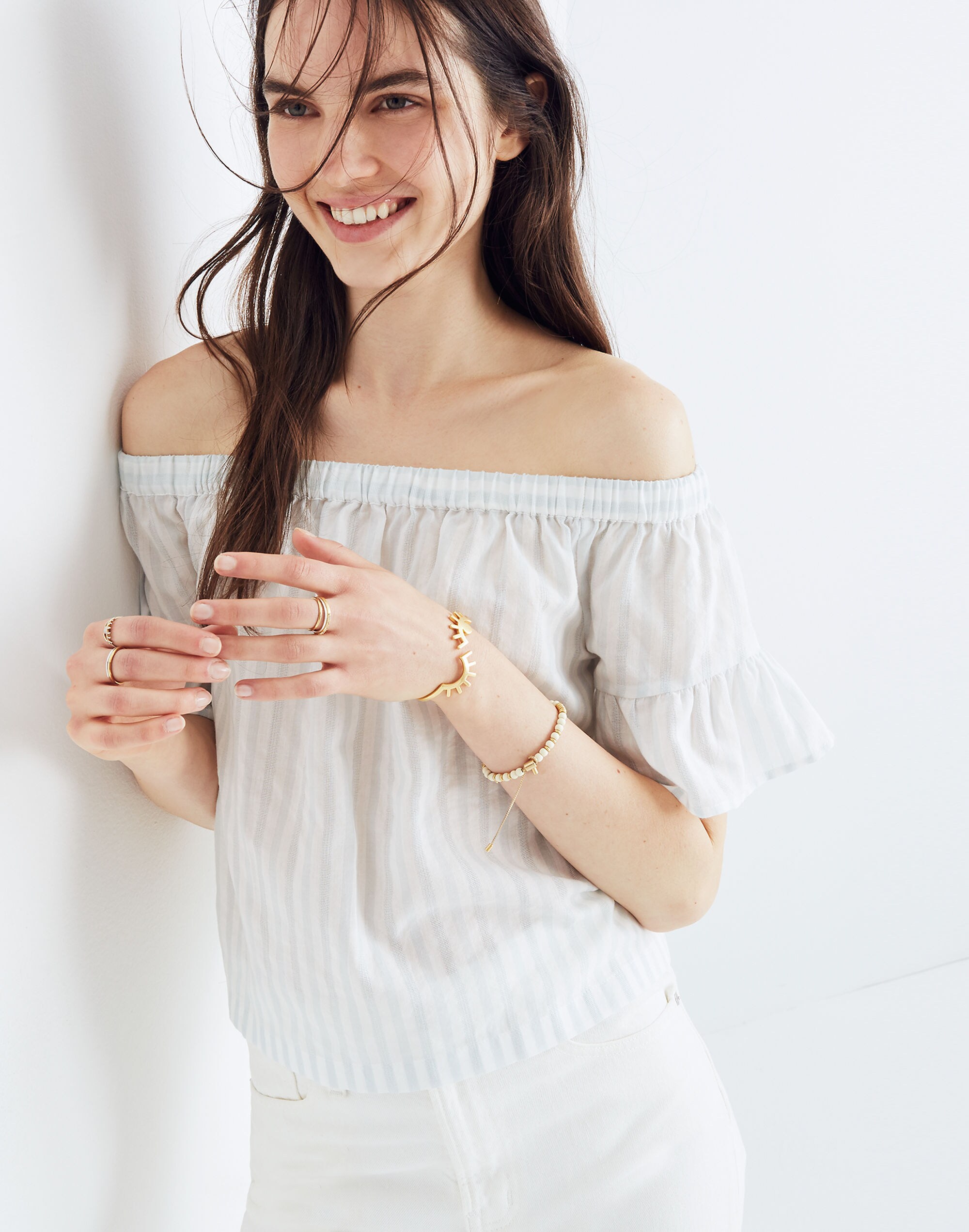 Striped Off-the-Shoulder Ruffle-Sleeve Top
