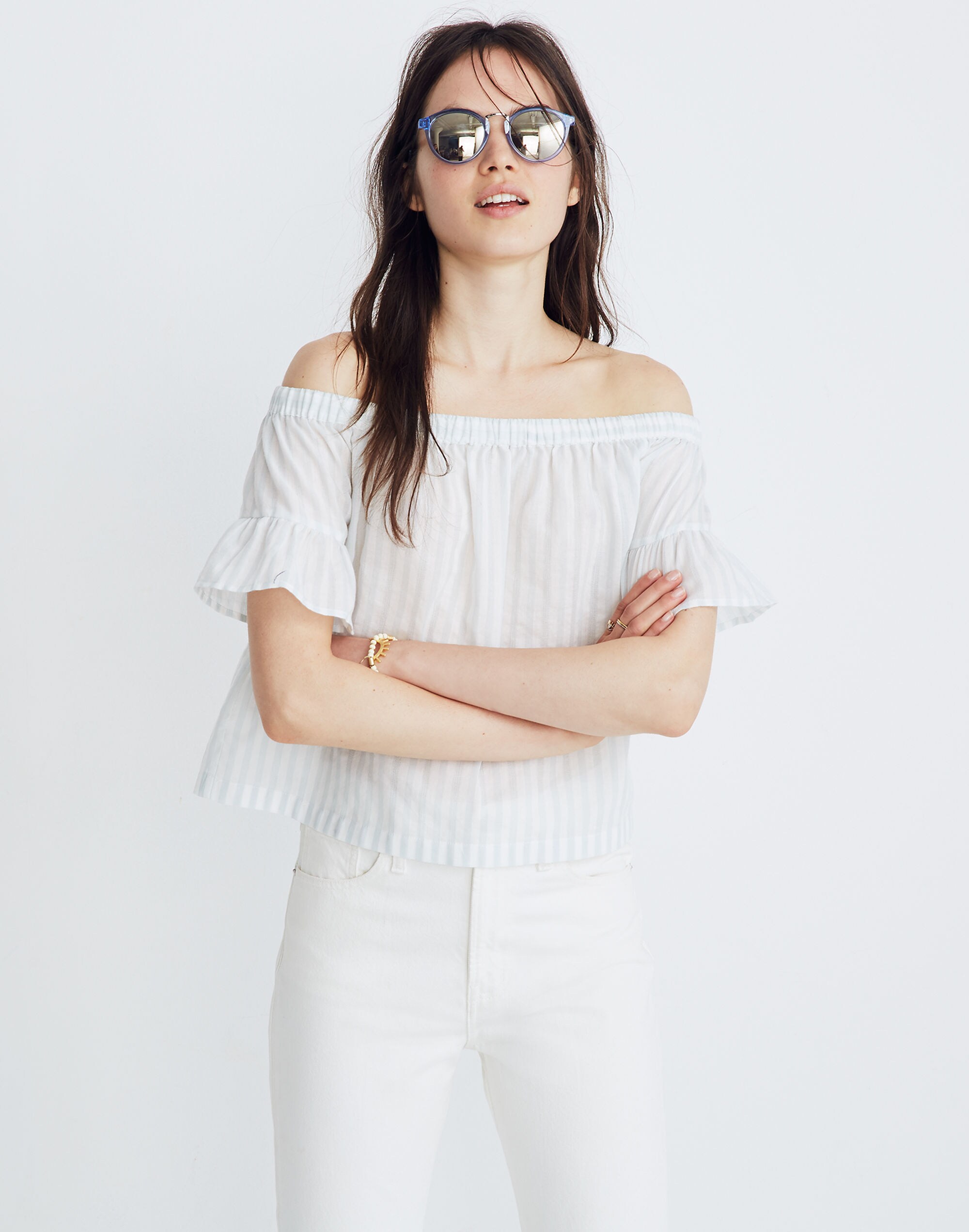 Striped Off-the-Shoulder Ruffle-Sleeve Top