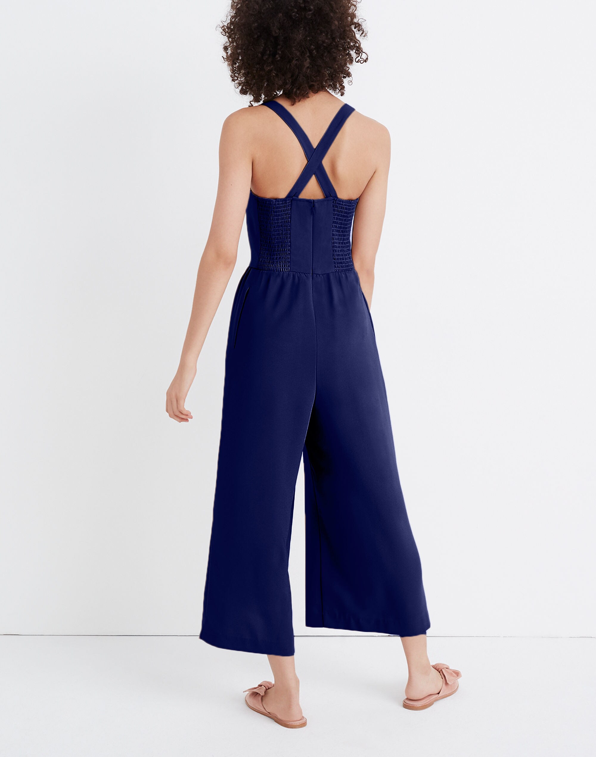 Smocked Button-Front Crop Jumpsuit