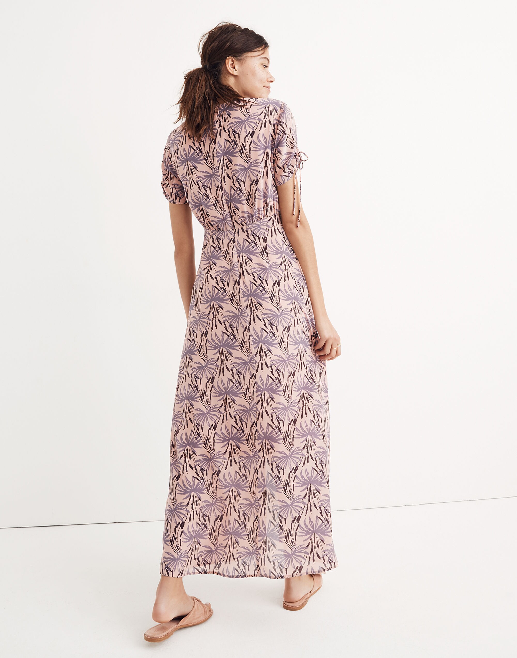 Silk Tie-Sleeve Maxi Dress in Oasis Palms