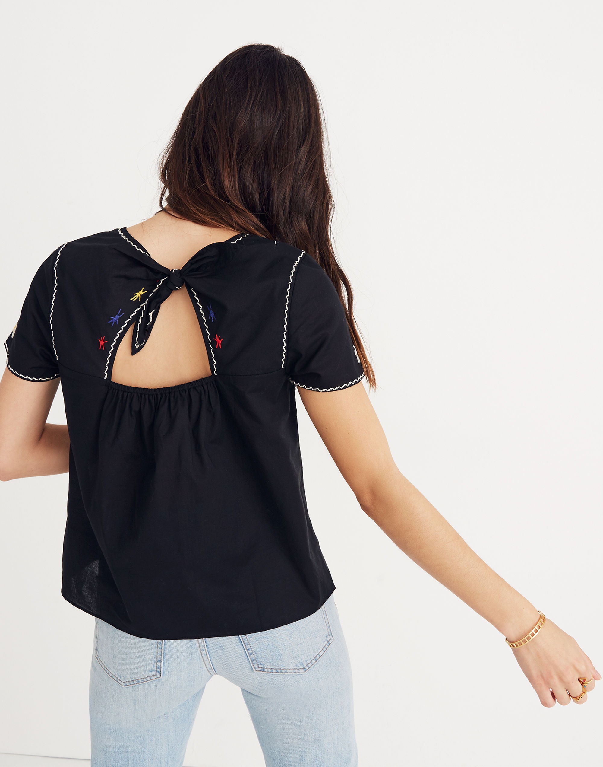 Embroidered Tie-Back Cutout Top
