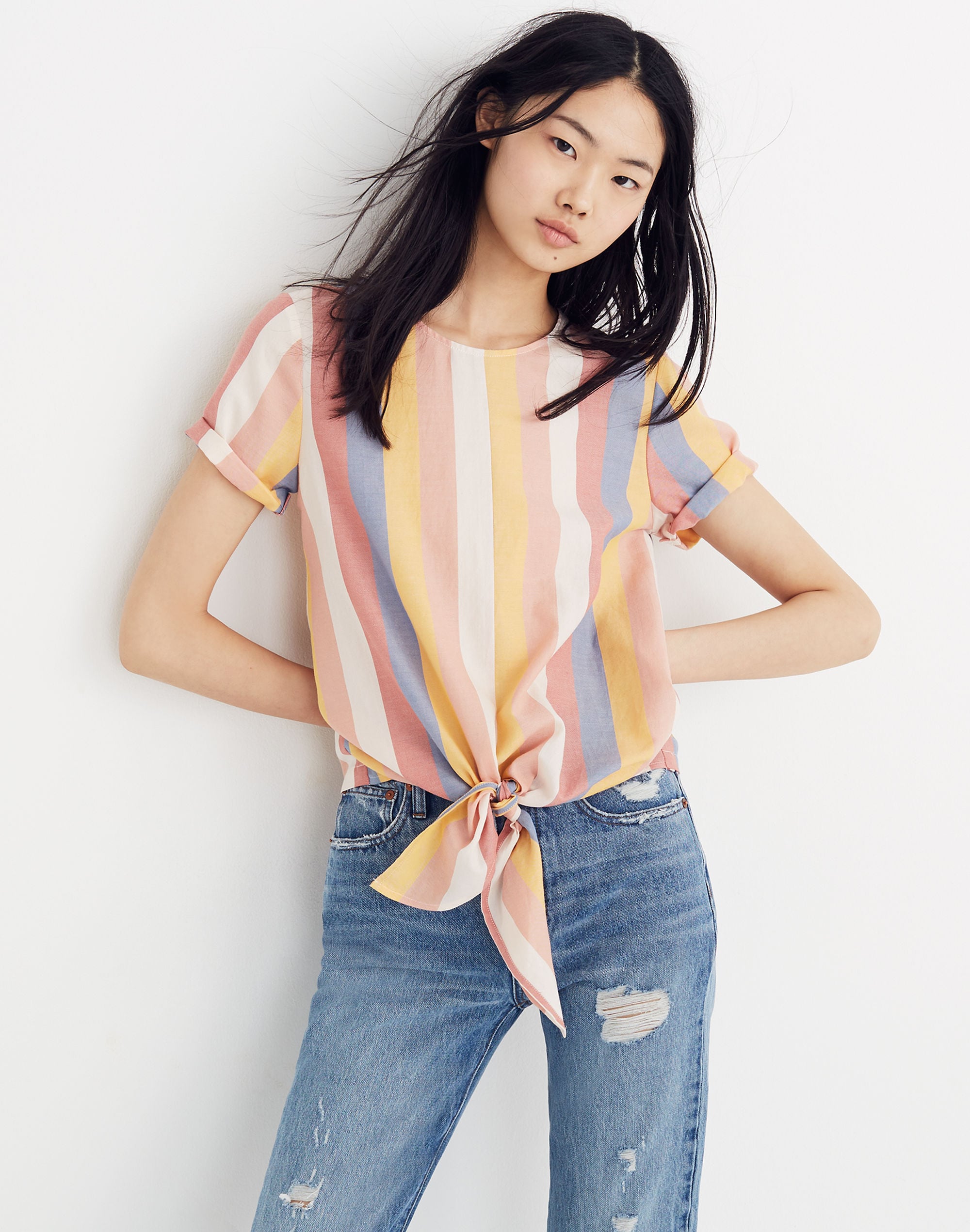 Button-Back Tie Tee in Sherbet Stripe