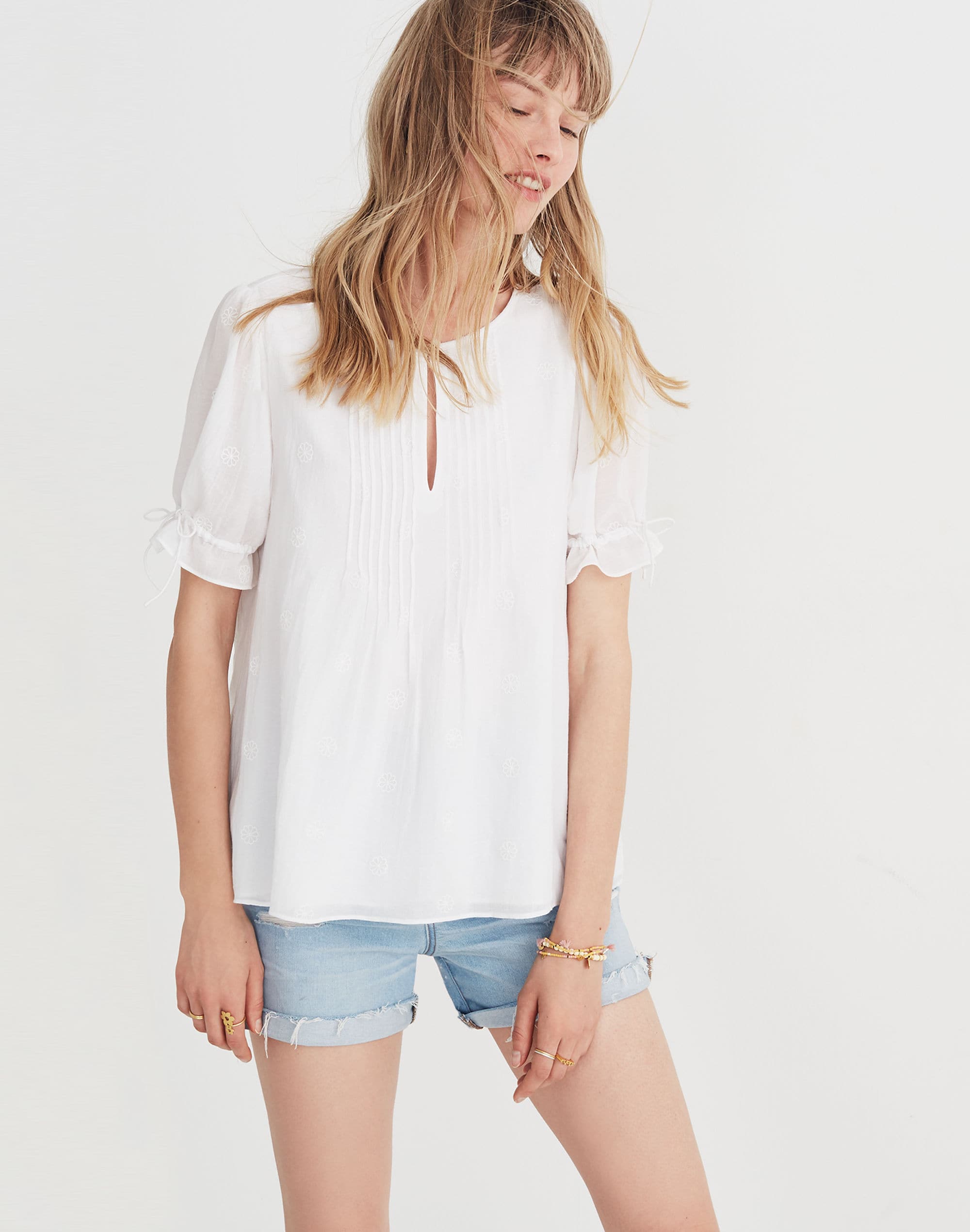 Embroidered Pintuck Top