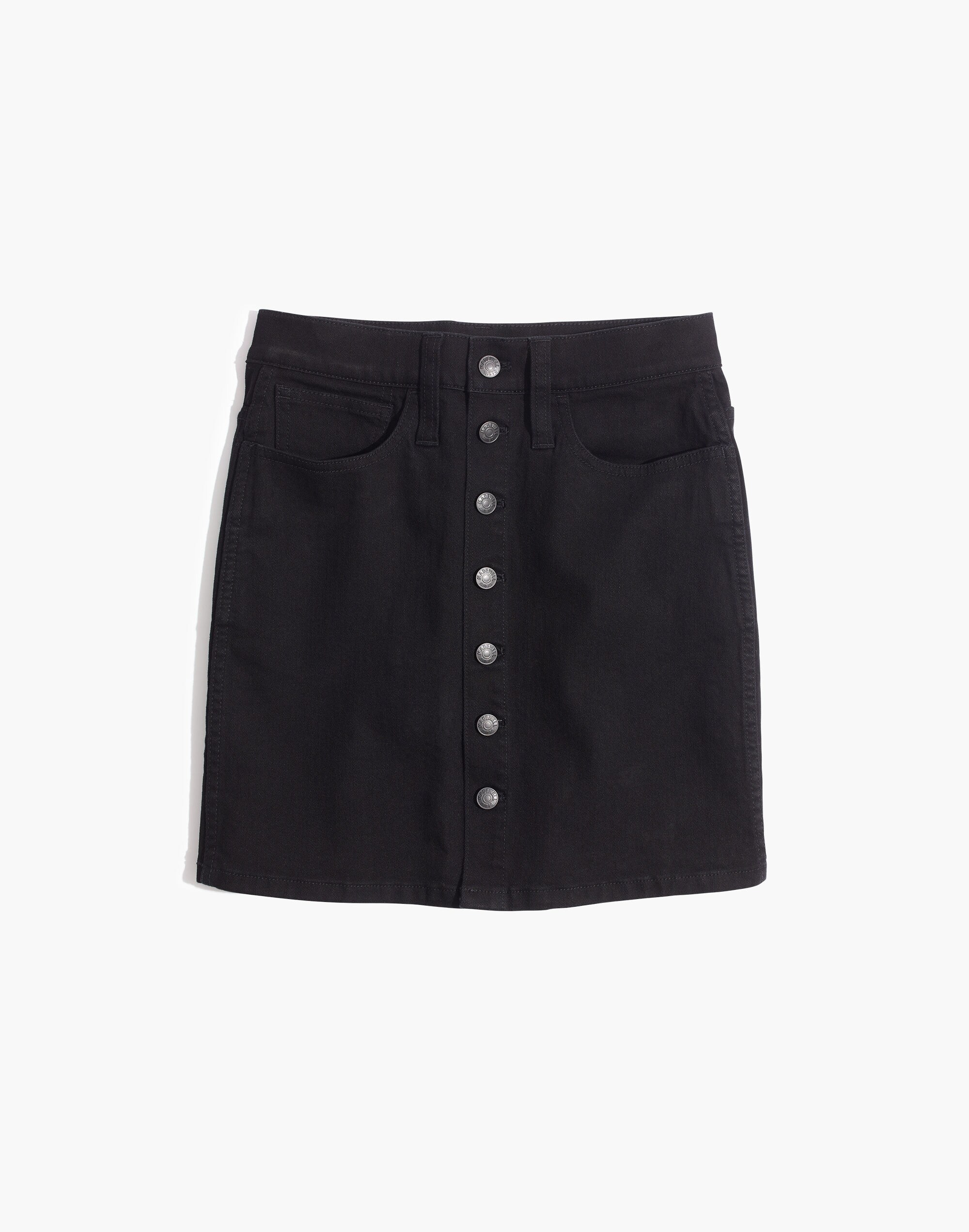 Stretch Denim Straight Mini Skirt in Black Frost: Button-Front Edition