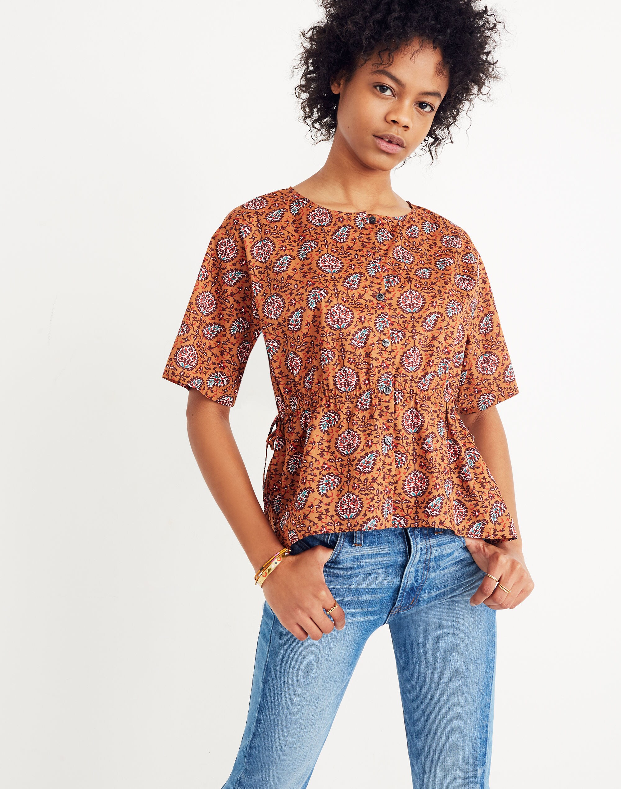 Drawstring-Waist Shirt in Warm Paisley