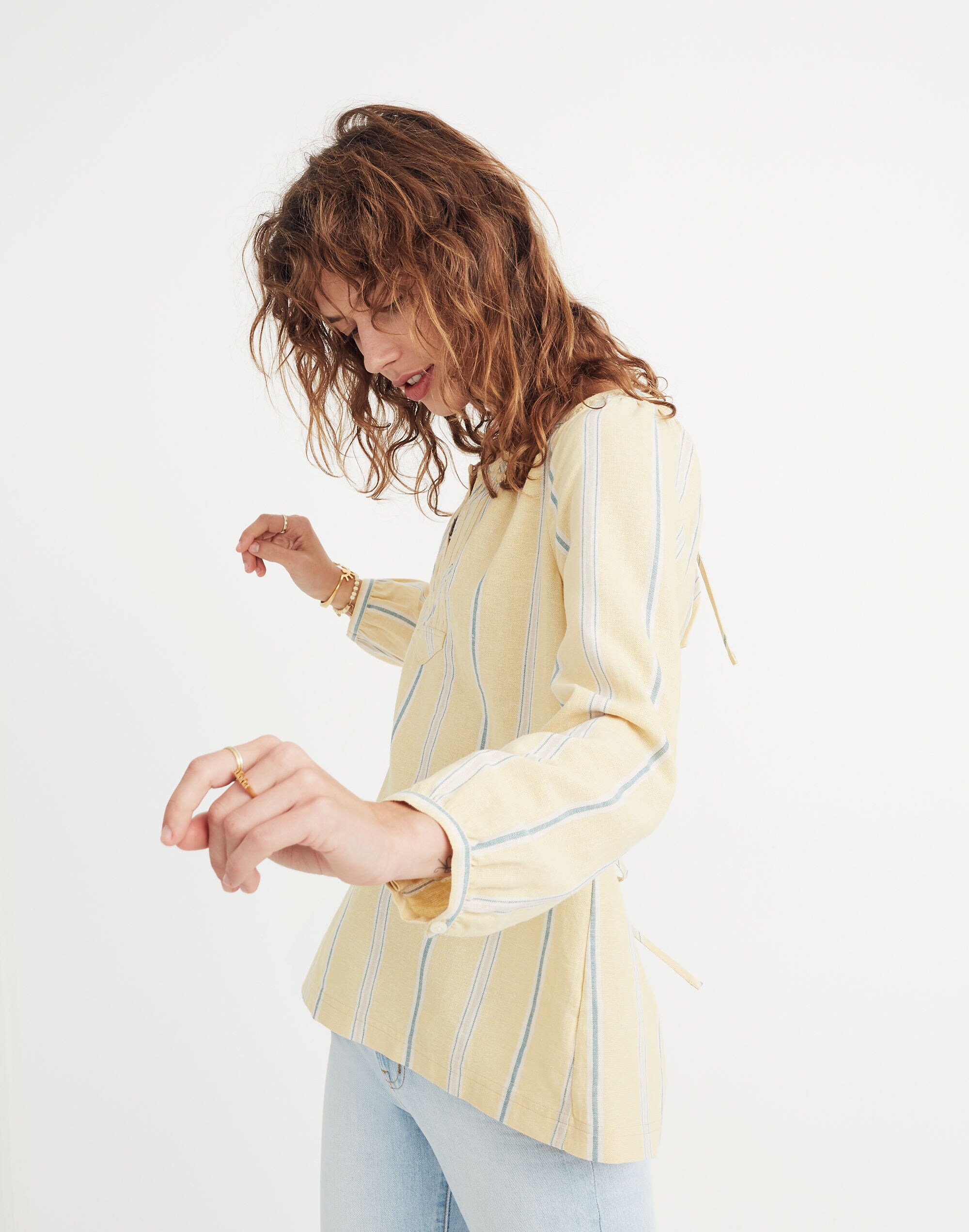 Tie-Back Peasant Top in Atlantic Stripe