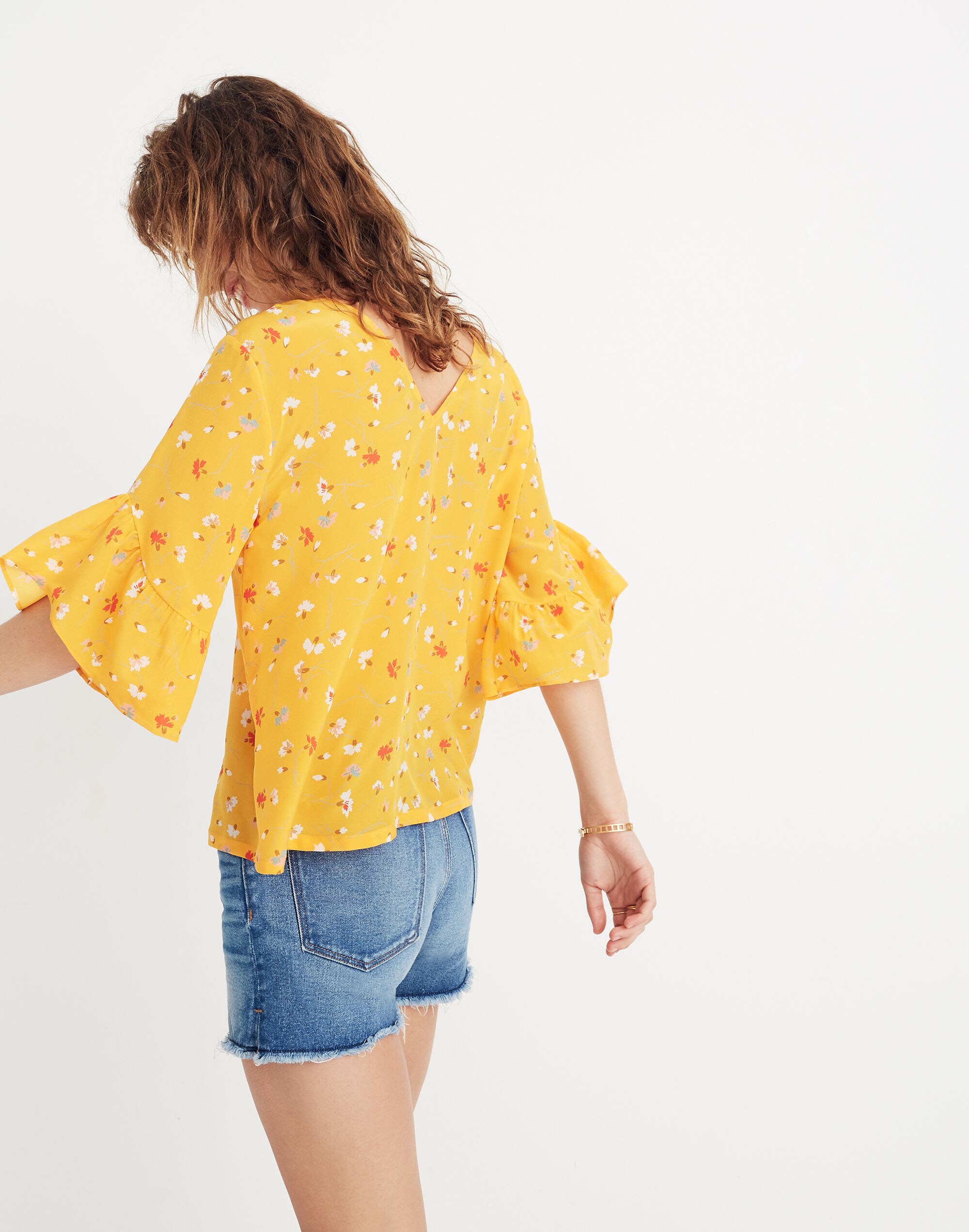 Silk Ruffle-Sleeve Top in Painted Carnations