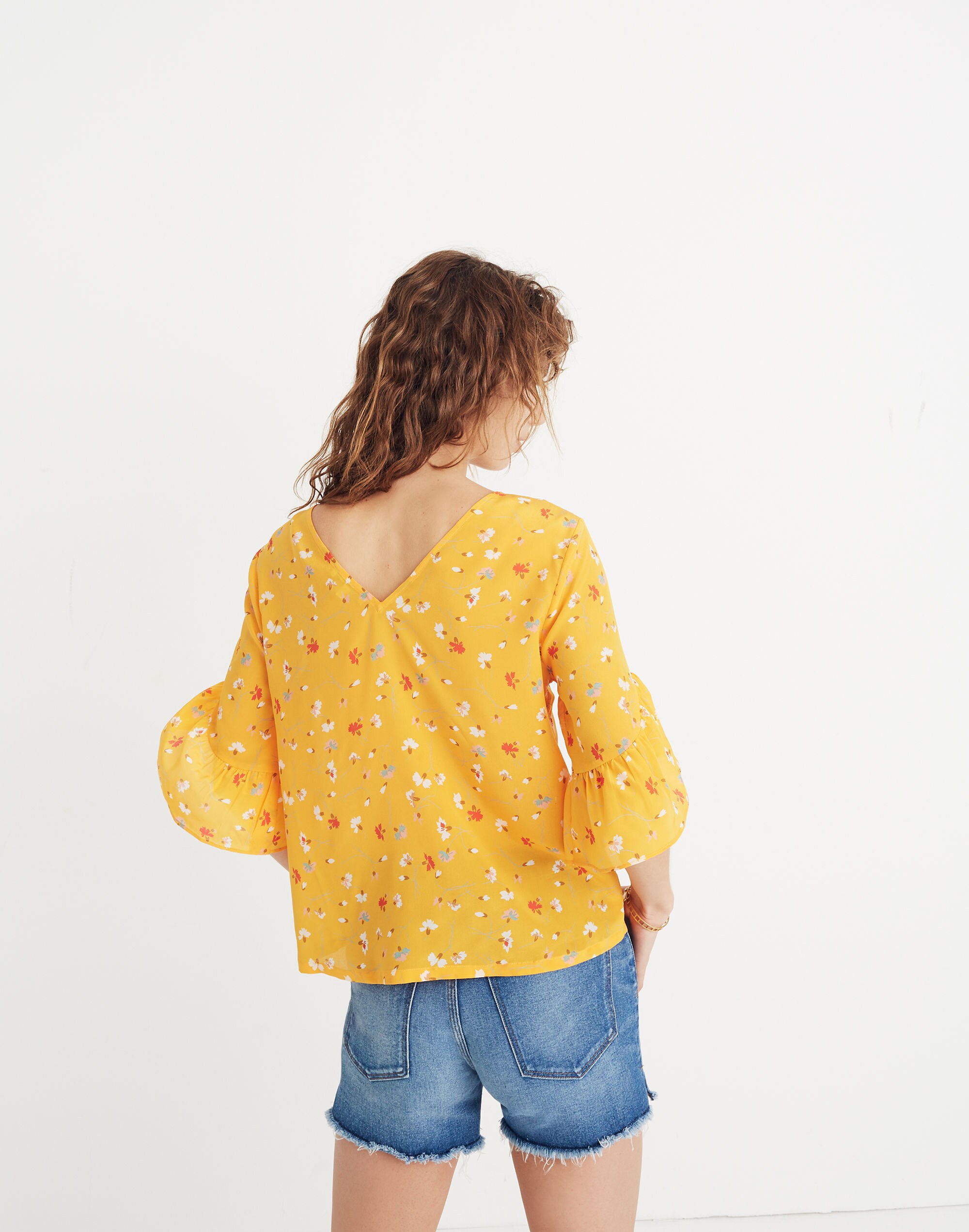 Silk Ruffle-Sleeve Top in Painted Carnations
