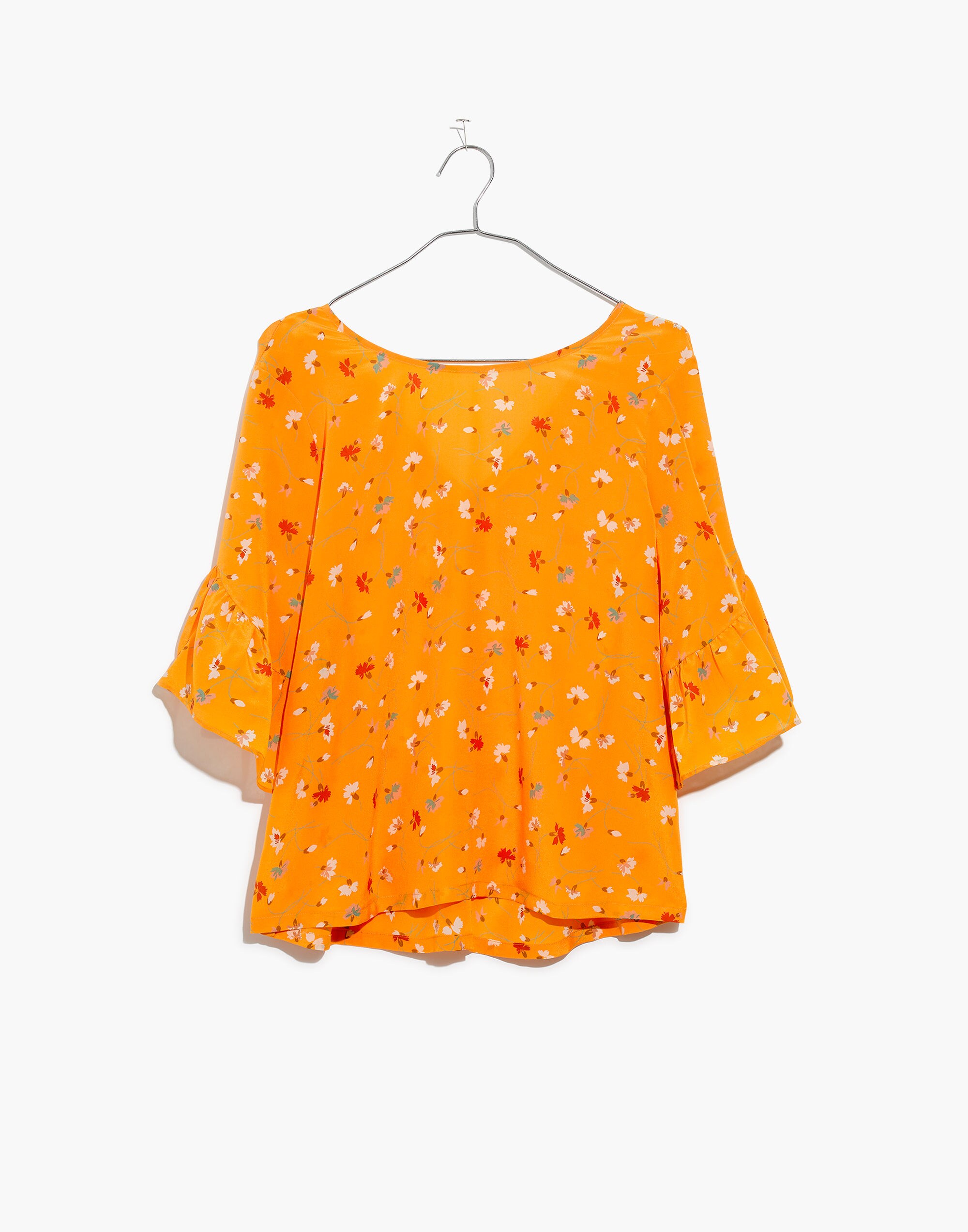 Silk Ruffle-Sleeve Top in Painted Carnations