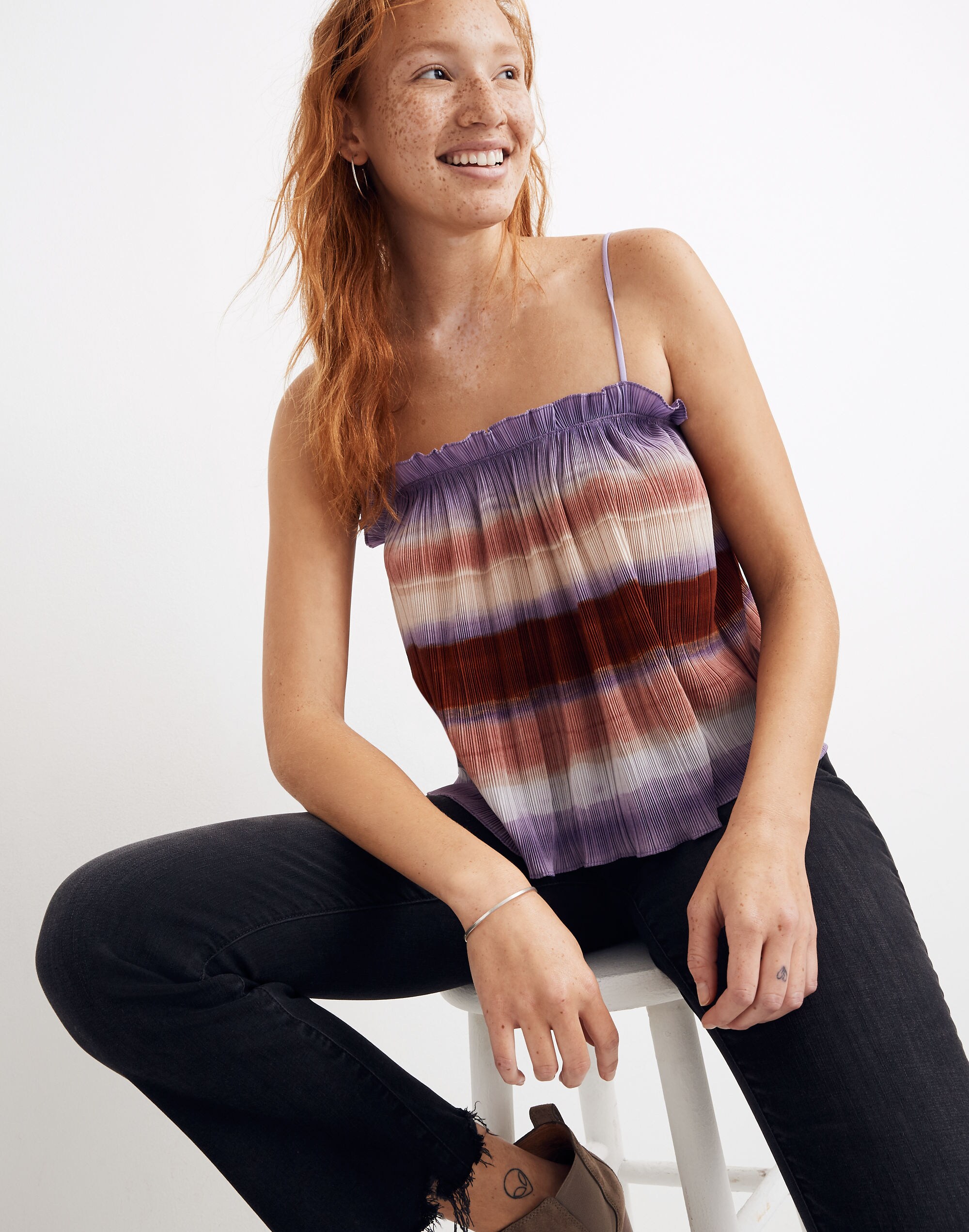 Texture &amp; Thread Micropleat Tank Top in Ombr&eacute; Rainbow