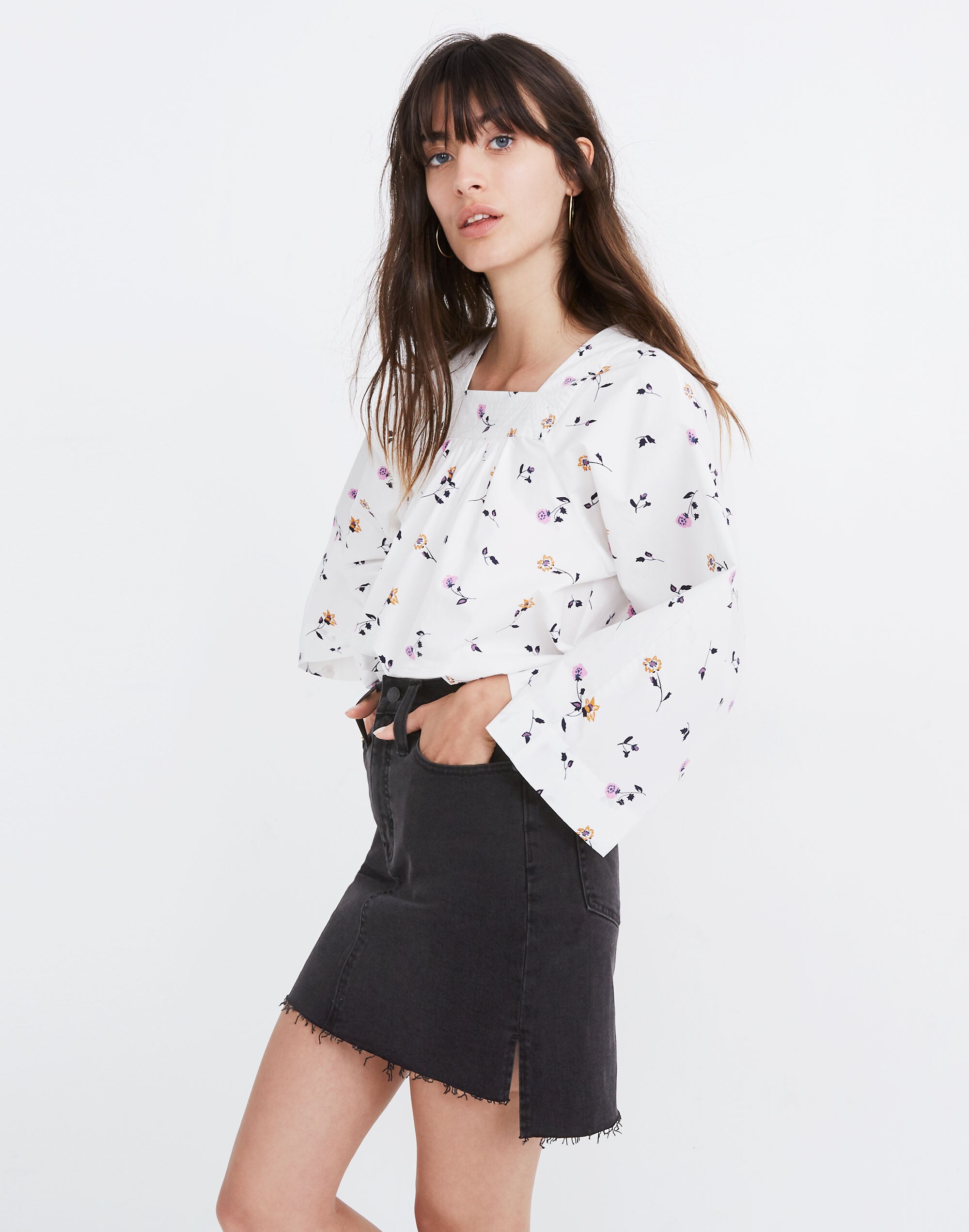 Stretch Denim Straight Mini Skirt in Lunar Wash: Step-Hem Edition