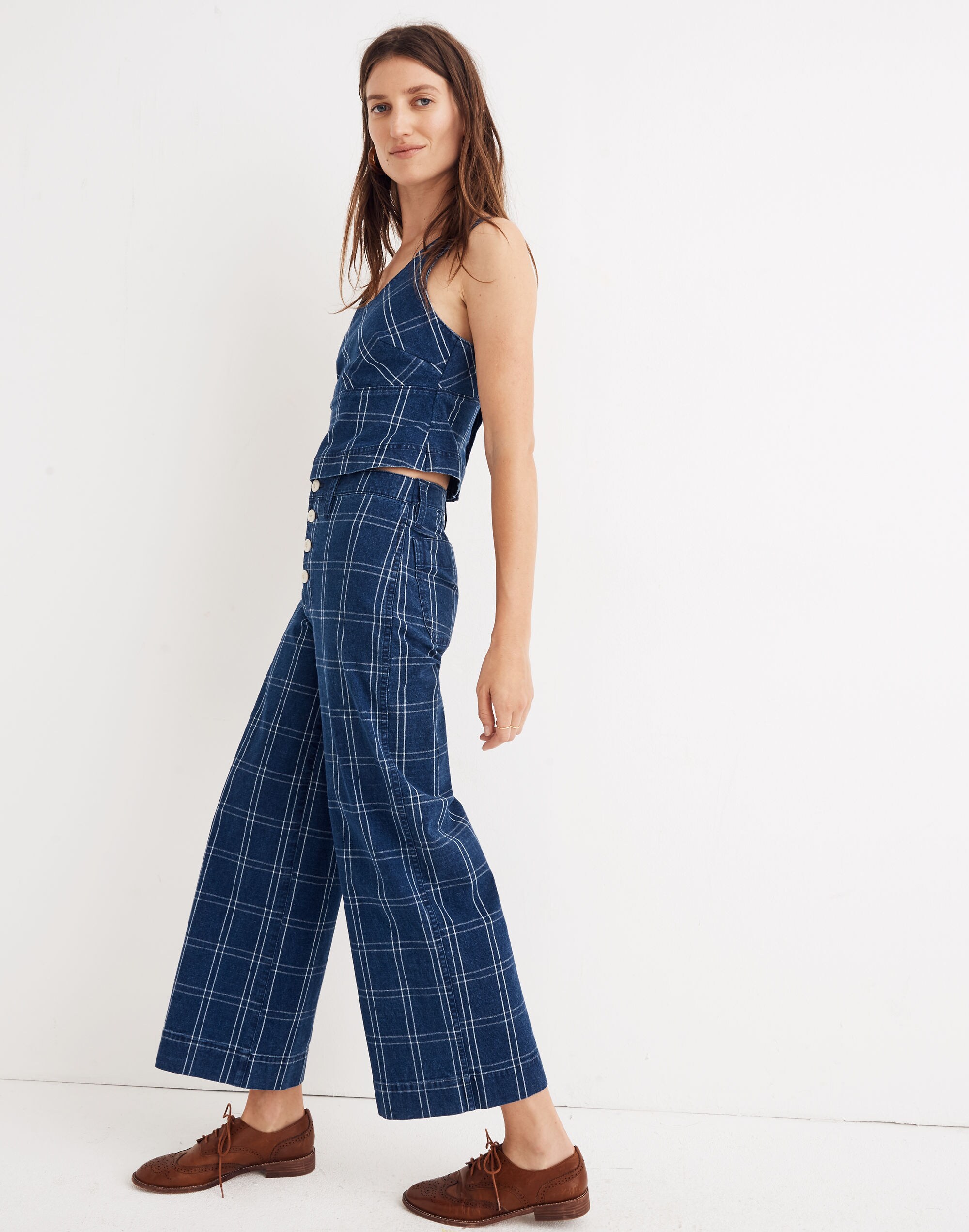 Emmett Wide-Leg Crop Pants in Indigo Check