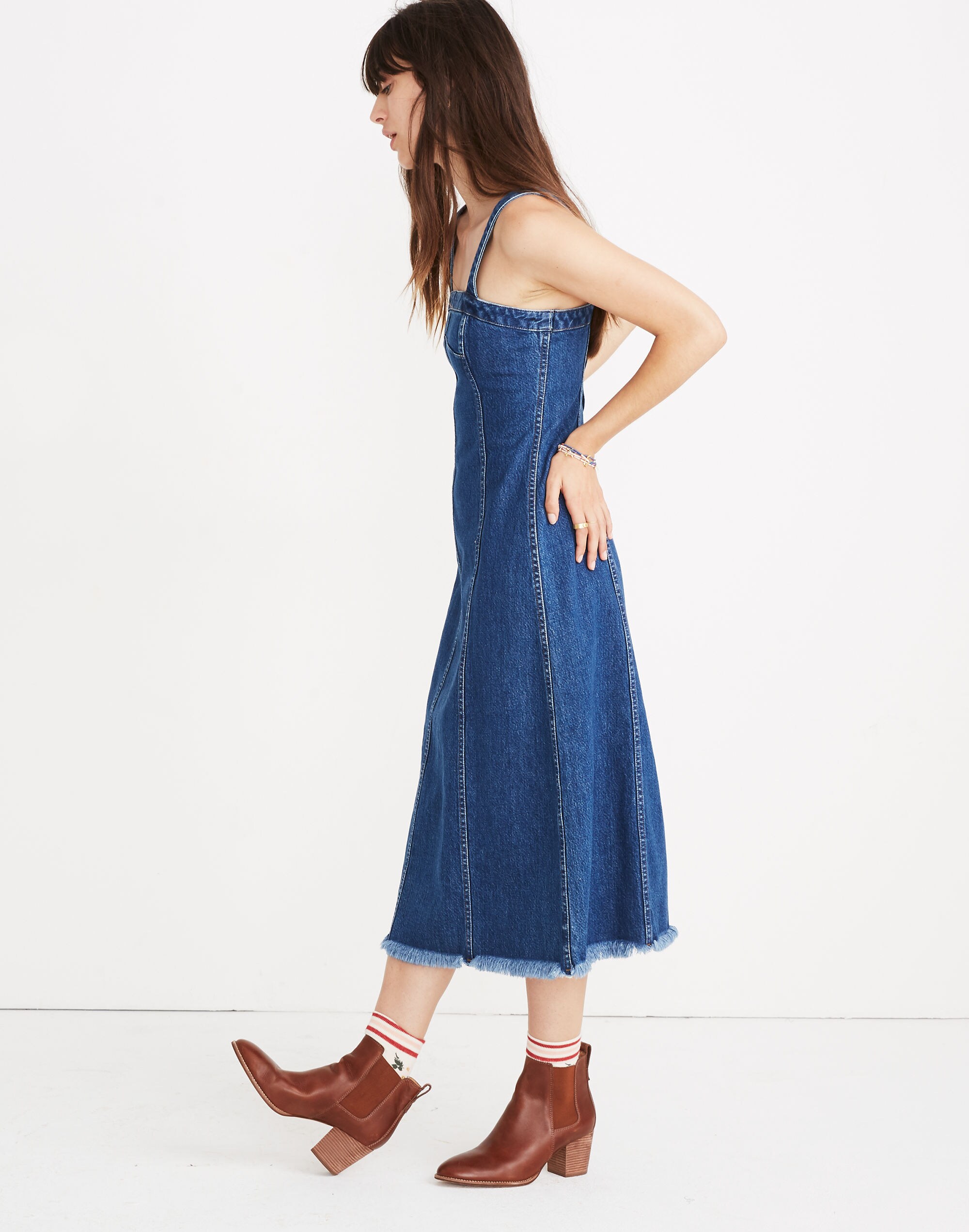 Raw-Hemmed Denim Seamed Dress