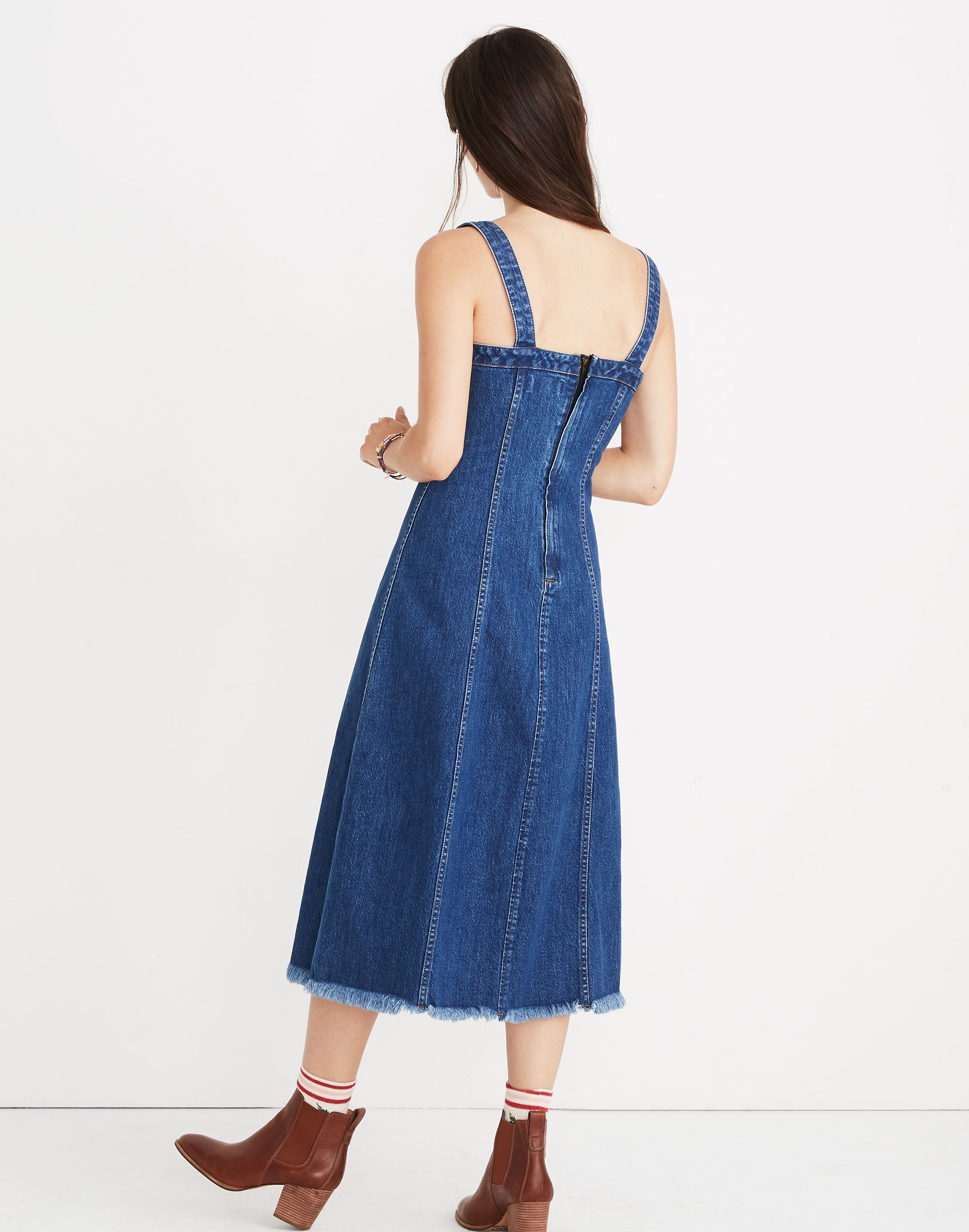 Raw-Hemmed Denim Seamed Dress