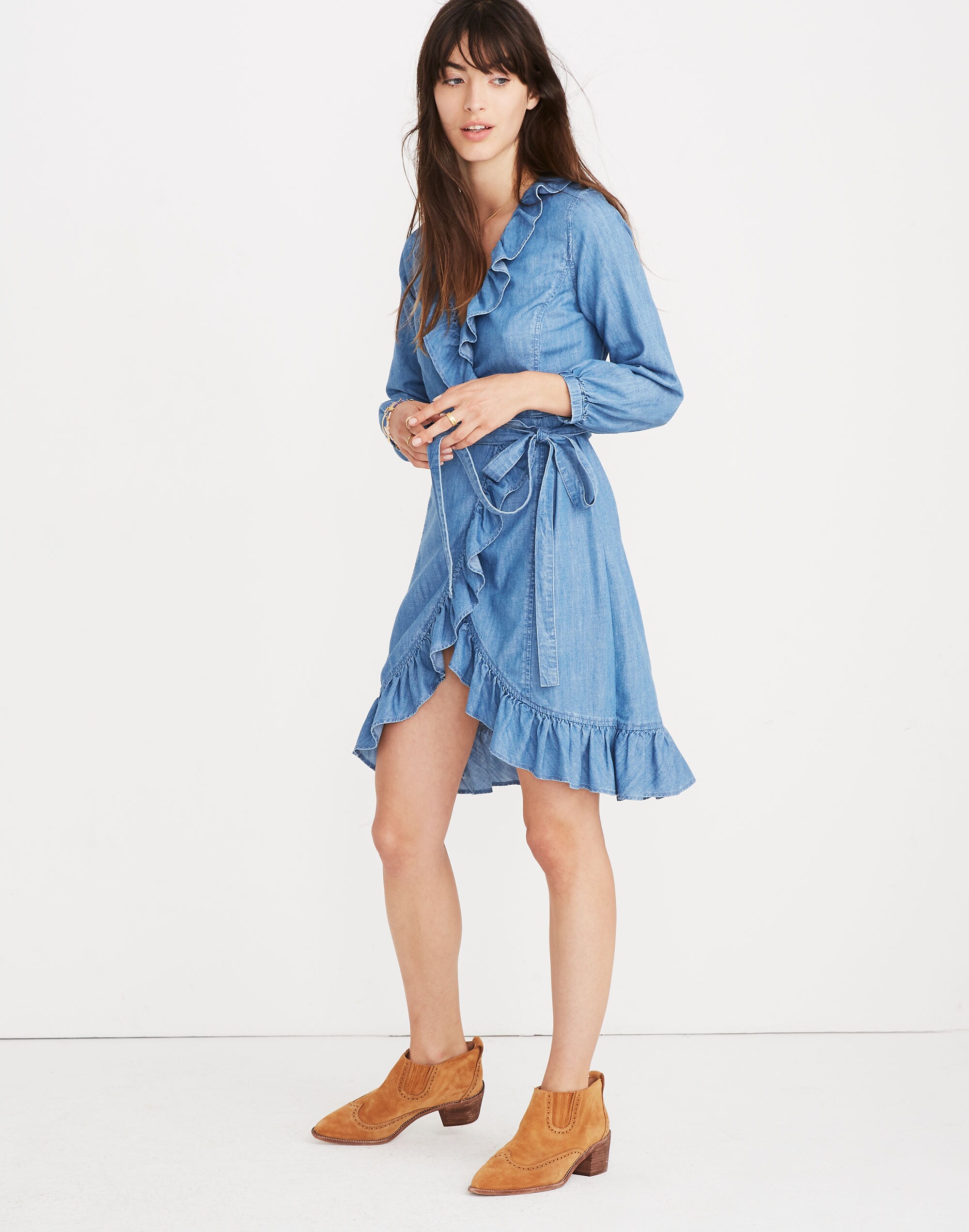 Denim Ruffled Wrap Dress