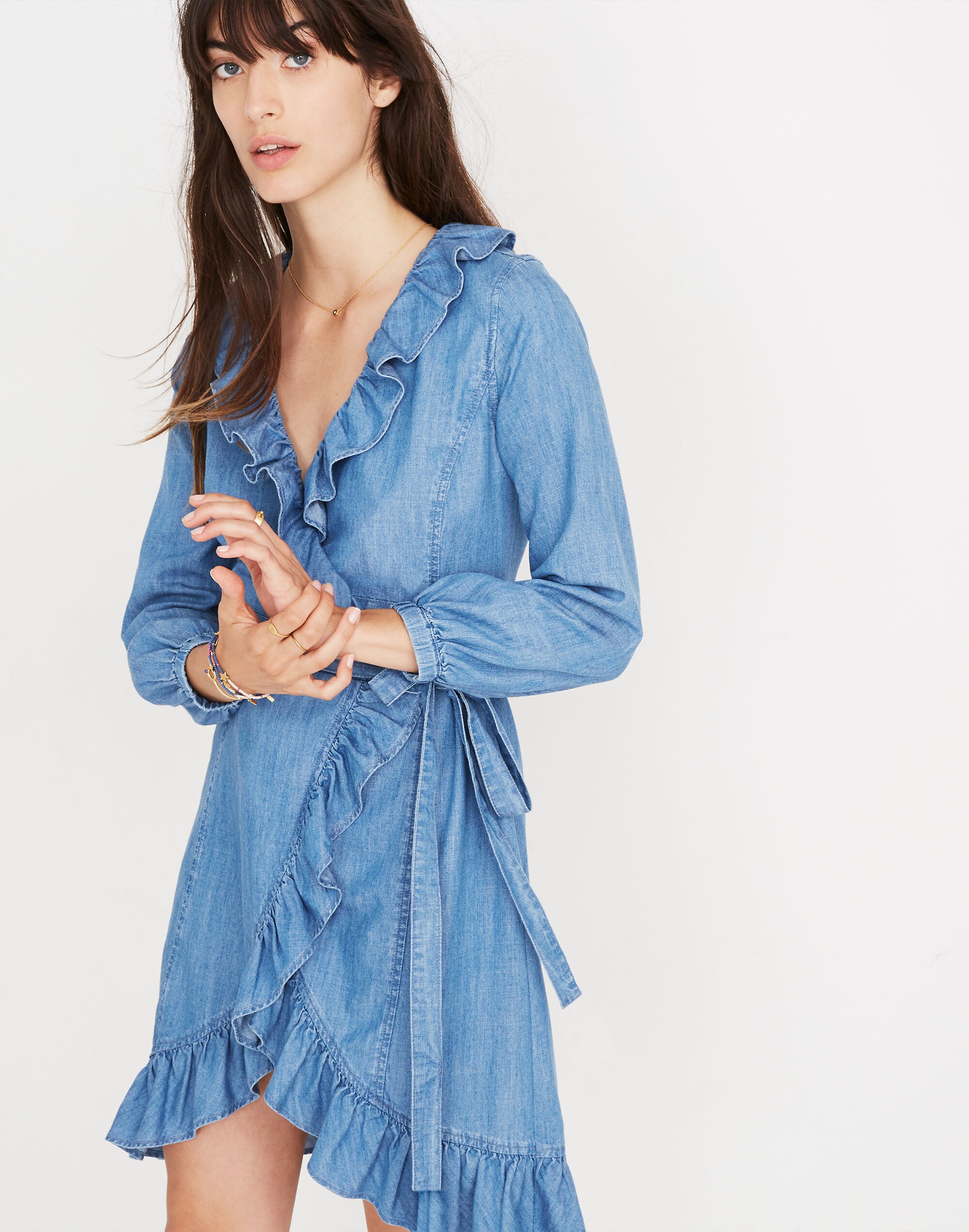 Denim Ruffled Wrap Dress