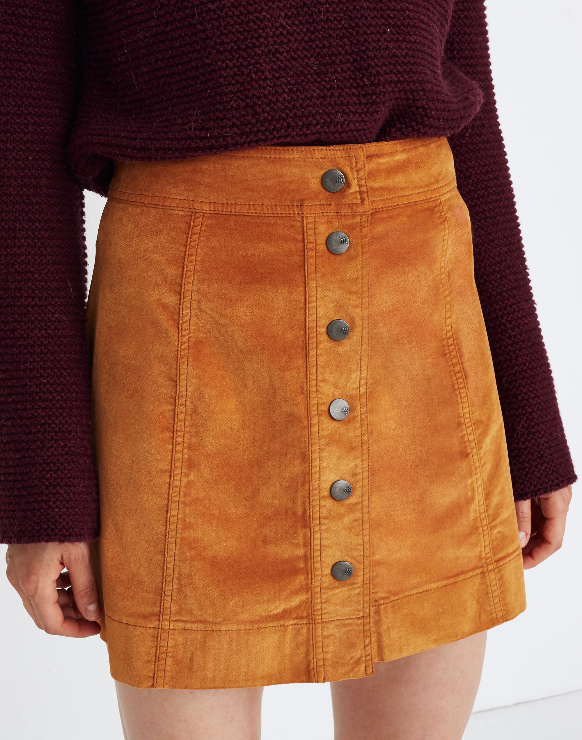 Velveteen A-Line Mini Skirt: Button-Front Edition