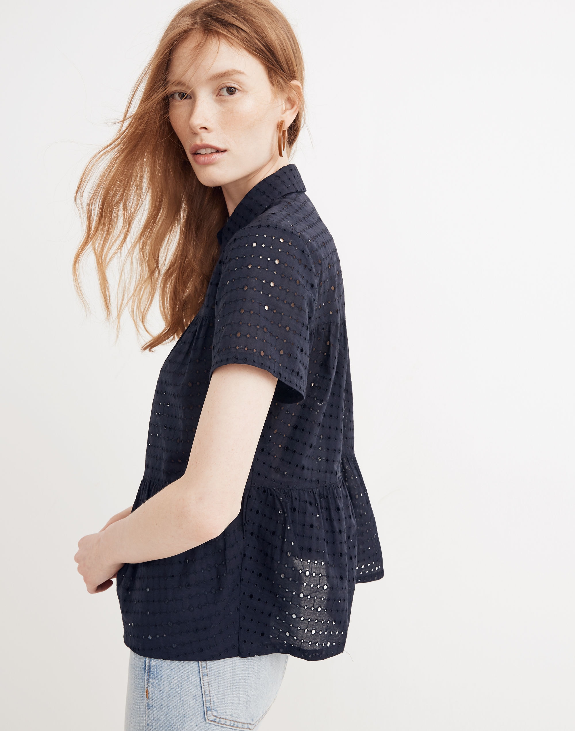 Eyelet Seamed Button-Down Shirt