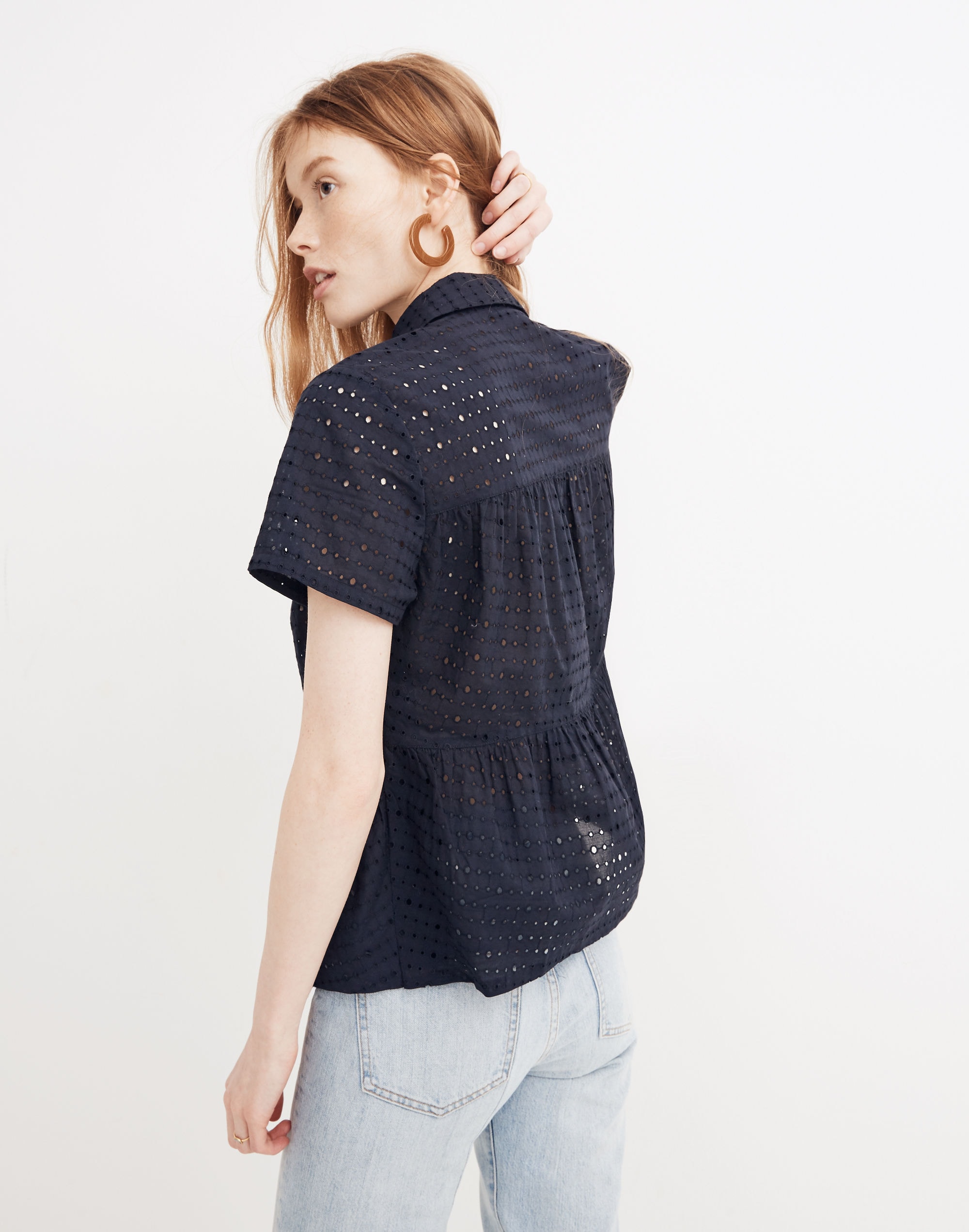 Eyelet Seamed Button-Down Shirt