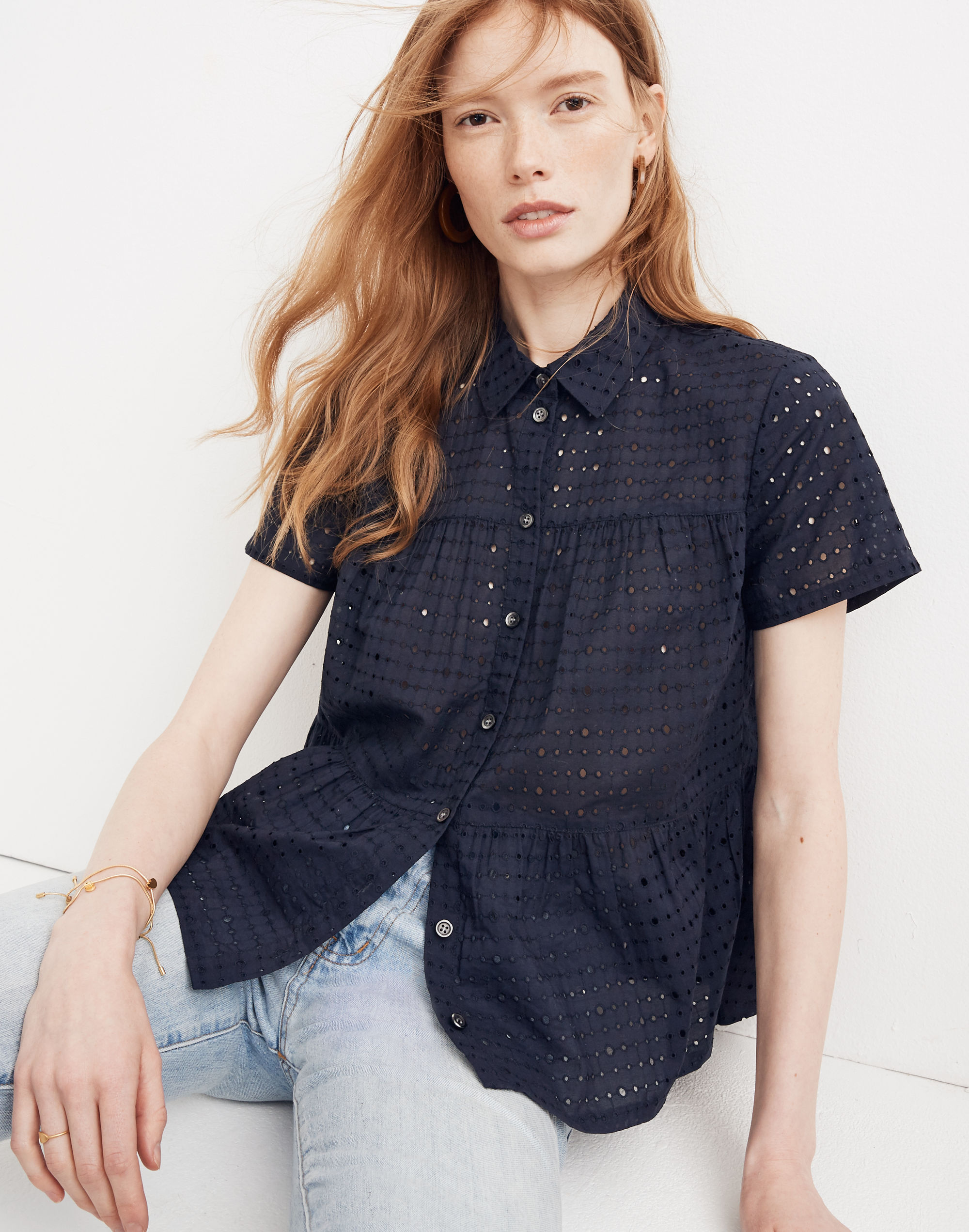 Eyelet Seamed Button-Down Shirt