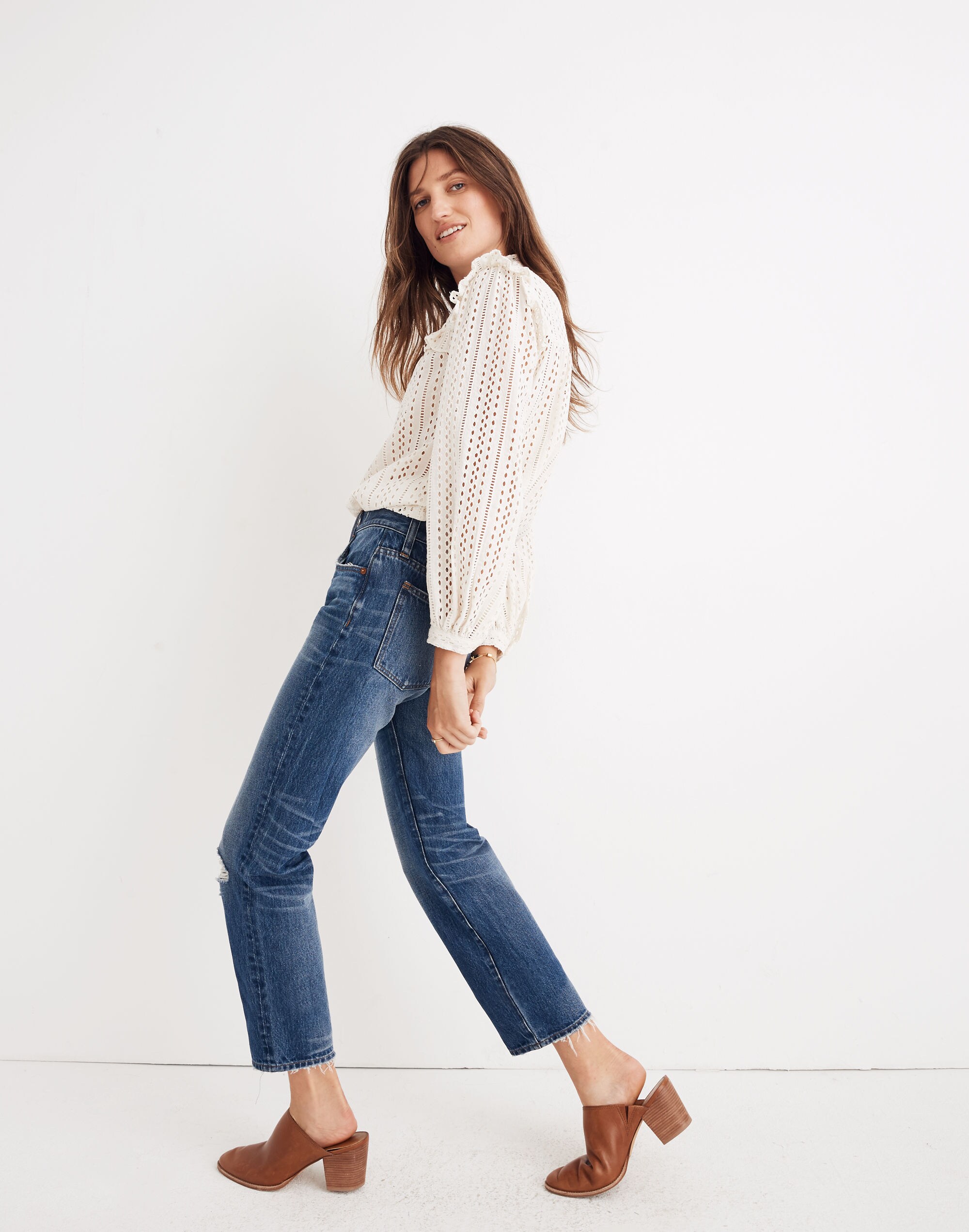 Petite Classic Straight Jeans in Jade Wash: Knee-Rip Edition
